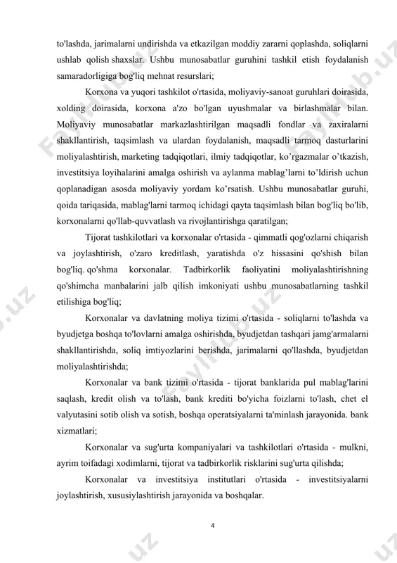 tizimi o'rtasida - soliqlarni to'lashda va byudjetga boshqa to'lovlarni amalga oshirishda, byudjetdan tashqari jamg'armalarni shakllantirishda, soliq imtiyozlarini berishda, jarimalarni qo'llashda, byudjetdan moliyalashtirishda; korxonalar va bank tizimi o'rtasida - tijorat banklarida pul mablag'larini saqlash, kredit olish va to'lash, bank krediti bo'yicha foizlarni to'lash, chet el valyutasini sotib olish va sotish, boshqa operatsiyalarni ta'minlash jarayonida. bank xizmatlari; korxonalar va sug'urta kompaniyalari va tashkilotlari o'rtasida - mulkni, ayrim toifadagi xodimlarni, tijorat va tadbirkorlik risklarini sug'urta qilishda; korxonalar va investitsiya institutlari o'rtasida - investitsiyalarni joylashtirish, xususiylashtirish jarayonida va boshqalar. ro'yxatga olingan munosabatlar guruhlarining har biri o'ziga xos xususiyatlarga va ko'lamga ega. biroq, ularning barchasi ikki tomonlama xarakterga ega bo'lib, ularning moddiy asosini mablag'lar harakati tashkil qiladi. mablag'larning harakati korxonaning o'zining va uning tarkibida ustav kapitalining shakllanishi, korxona mablag'larining aylanishi boshlanadi va tugaydi, pul mablag'lari va zaxiralarini shakllantirish va ulardan foydalanish bilan birga keladi. iqtisodiy adabiyotlarda moliyani tashkil etish tamoyillari haqida birlik mavjud emas. ularning …