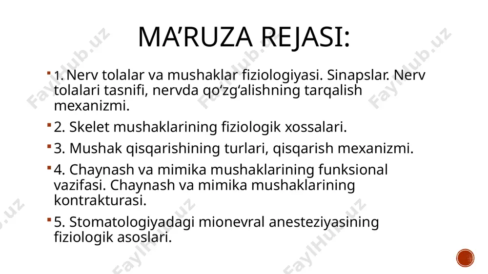 impulslar o‘tishiga to‘sqinlik qiladi. impulslar bu to‘siqdan maxsus kimyoviy vositachi – mediator yordamida o‘tishi mumkin. 1. sinaps yorig’i keng 2. mediatorlar mavjud 3. qo’zg’alish bir tomonlama o’tadi 4. impuls to’xtab o’tadi elektr sinapslar elektr sinapslar kimyoviy sinapslarga qaraganda ba‘zi bir faoliy afzalliklarga ega. 1. elektr sinapslar juda tez va bexato ishlaydi. 2. sinapsda to‘xtalib qolish ularda 0,1 ms dan oshmaydi, bu holat elektr sinapslarning yuqori labbilligini ta‘minlaydi. 3. elektr sinapslar uzoq vaqtgacha charchamaydi. mushaklar fiziologiyasi nerv-muskul birikmasi deganda nerv oxirlari bilan (muskulni inervatsiya qiluvchi) muskul tolalarining oʻzaro alokasi tushuniladi. nerv va muskul tolalarining nerv-muskul birikmasidagi xarakteristikasi:  sinaps. synapsis – “aloqa” degan ma’noni bildiradi.  presinaptik membrana. bu nerv oxirlarining terminal tugunchasini qoplovchi aksonal membrana hisoblanadi.  sinaptik boʻshliq. bu kengligi 50-100 nm (20 nm ham deyilgan ba’zi manbalarda) boʻlgan, presinaptik va postsinaptik membrana orasidagi boʻshliqdir. u matriks hosil qiluvchi toʻrsimon tolali hujayra tashqi suyuqligi bilan toʻlgan.  postsinaptik membrana. …