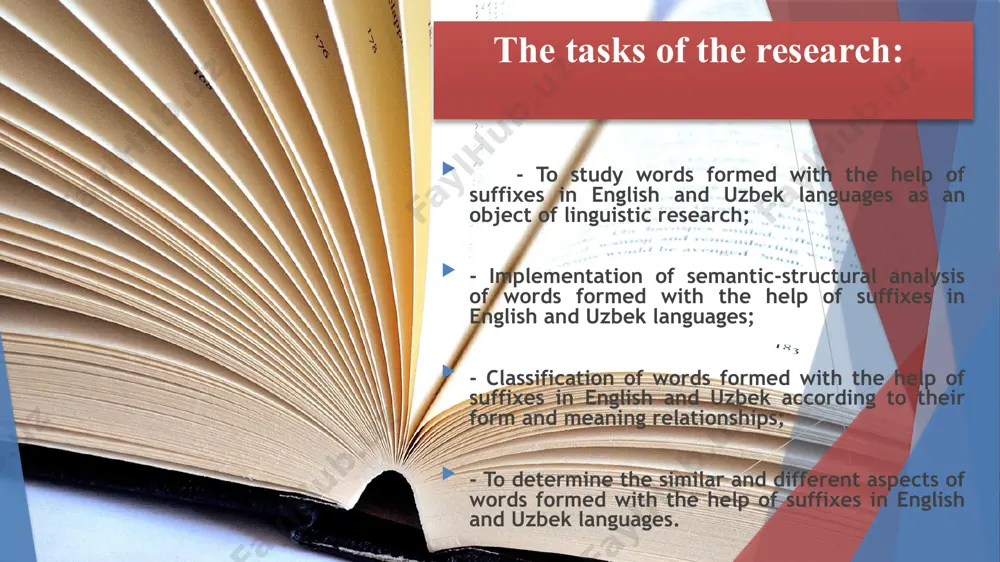 l nouns were formed :teacher,porter,writer attached to noun stems the suffiks –er means a person lives in a certain place: ex:villager,hosteller similarities in suffixes uzbek suffixes n+ s+ es cats,dogs n+ lar mushuklar,kuchuklar ordinal numbers +th fourth.,fifth first-birinchi second-ikkinchi mark for comparative adj+er prettier,bigger slower-sekinroq faster-tezroq differences in suffixes uzbek suffixes adj+ est highest,biggest ---------- --------- mark command v+ing qarang!see! -------- to form adverb from pronoun p+day=adv shunday like that in the modern english language, one word can refer to several groups of words at the same time. this is especially evident in modern english nouns and verbs, because as a result of reduction, the distinguishing marks at the end of english nouns and verbs are lost. it is very difficult to determine whether a word belongs to a lexical-grammatical group of words. as an example, here is part of the general morphemic analysis of ss: in english: odd-toed adj+noun+ed …