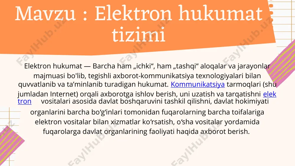 ning milliy axborot-kommunikatsiya tizimini yanada rivojlantirish chora-tadbirlari to‘g‘risida”gi qarori va boshqa qonunchilik hujjatlari asosida amalga oshirib kelinmoqda. «elektron hukumat» tizimi joriy etilishi natijasida to‘liq tranzaksiyalangan xizmatlarga o‘tilishi kutilmoqda, bu esa, aholi va biznes vakillarining davlat xizmatidan foydalanishda turli instansiyalarga qatnashni va davlat xizmatchilari bilan bevosita muloqotda bo‘lishni istisno etadi. bu, o‘z navbatida, aholiga qo‘shimcha qulayliklar yaratishga va biznes yuritish sharoitlarini yaxshilashga xizmat qiladi. gov.uz o‘zbekiston respublikasi hukumat portali, u tashkilotlar, shuningdek, yuridik shaxslar va jismoniy shaxslar o‘rtasidagi elektron-axborot munosabatlari infratuzilmasining tizim tashkil etuvchi unsuri sanaladi. har qanday fuqaro yoki korxona, tashkilot, muassasa vakili bu yerdan o‘zbekiston davlat hokimiyatining barcha unsurlari haqida to‘liq ma'lumot olishi, shuningdek, bevosita gov.uz portali orqali u yoki bu hokimiyat organiga elektron shaklda rasmiy so‘rov yuborishi mumkin. bu portalda, shuningdek, bazaviy interaktiv davlat xizmatlari to‘liq reestri chop etilgan. « e-kommunal.uz » portali – kommunal xo‘jalik sohasidagi umumiy axborot infratuzilmasi bo‘lib, aholi, nazorat organlari va uy-joy mulkdorlari shirkatlari, …