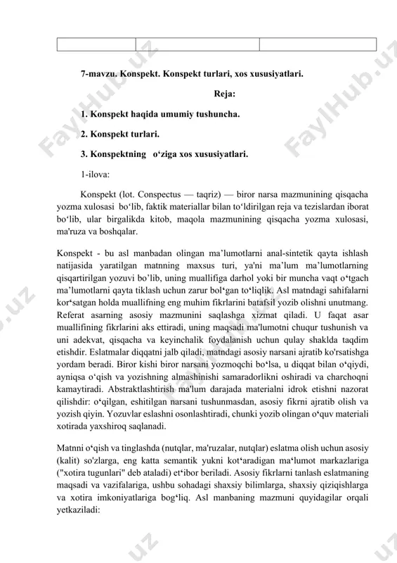 jasida yaratilgan matnning maxsus turi, ya'ni ma’lum ma’lumotlarning qisqartirilgan yozuvi bo’lib, uning muallifiga darhol yoki bir muncha vaqt o‘tgach ma’lumotlarni qayta tiklash uchun zarur bol‘gan to‘liqlik. asl matndagi sahifalarni kor‘satgan holda muallifning eng muhim fikrlarini batafsil yozib olishni unutmang. referat asarning asosiy mazmunini saqlashga xizmat qiladi. u faqat asar muallifining fikrlarini aks ettiradi, uning maqsadi ma'lumotni chuqur tushunish va uni adekvat, qisqacha va keyinchalik foydalanish uchun qulay shaklda taqdim etishdir. eslatmalar diqqatni jalb qiladi, matndagi asosiy narsani ajratib ko'rsatishga yordam beradi. biror kishi biror narsani yozmoqchi bo‘lsa, u diqqat bilan o‘qiydi, ayniqsa o‘qish va yozishning almashinishi samaradorlikni oshiradi va charchoqni kamaytiradi. abstraktlashtirish ma'lum darajada materialni idrok etishni nazorat qilishdir: o‘qilgan, eshitilgan narsani tushunmasdan, asosiy fikrni ajratib olish va yozish qiyin. yozuvlar eslashni osonlashtiradi, chunki yozib olingan o‘quv materiali xotirada yaxshiroq saqlanadi. matnni o‘qish va tinglashda (nutqlar, ma'ruzalar, nutqlar) eslatma olish uchun asosiy (kalit) so'zlarga, eng katta semantik yukni kot‘aradigan ma‘lumot …