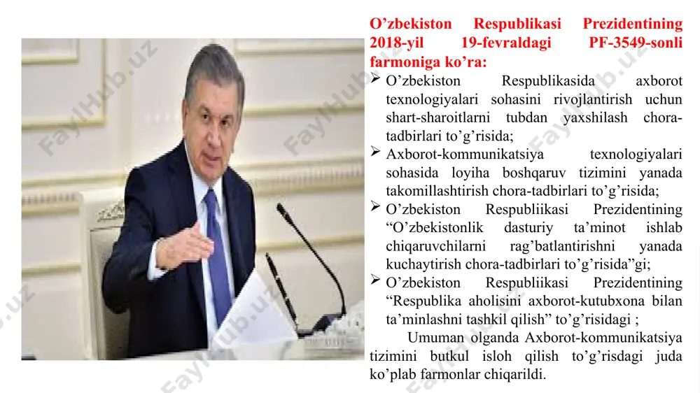 lashib, o’sib bormoqda. ma’lumotlar bazasining o’sishi kompyuterninng ishlashida sezilarli darajada bilinadi. bunga yana qo’shimcha sun’iy aqlning ixtiro qilinishi ham bunga yaqqol misol bo’la oladi. sun’iy aql ixtiro qilinishi, kompyuterning imkoniyalari chegarasini bir qancha kengaytirib, undan foydalanish uchun yanada qulay imkoniyatlar yaratib bermoqda. microsoft office access – bu microsoftning relatsion ma’lumotlar bazasini boshqarish tizimidir. sun’iy aql ham ma’lumotlar bazasini kengayib borishiga xizmat qiladi. ushbu dastur internet nashrlari va boshqa dasturlar bilan dinamik ma’lumotlar almashinuvchi modeliga asoslangan. foydalanilingan adabiyotlar: internetdagi manbaalaridan: www.google.uz www.lex.uz www.uza.uz e’tiboringiz uchun rahmat! image2.png image3.png image4.jpeg image5.jpeg image6.jpeg image7.jpeg image8.jpeg image9.png image10.png image11.jpeg image12.png image13.png image14.jpeg image15.png image16.png image17.jpeg image18.png image19.jpeg image20.jpeg
