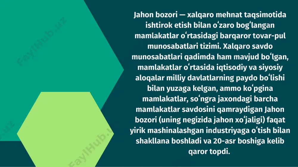 shni asosan transmilliy xalqaro korporatsiyalar olib boradi. 2000-yil jahondagi bevosita xorij investitsiyalari 865 mlrd. aqsh dollariga teng boʻldi. ular amalga oshirgan oldi-sotdi operatsiyalari 1999-yilda 14 trillion dollarni tashkil etdi. jahon bozorining ulkan salohiyati milliy bozorlarga juda katta taʼsir oʻtkazadi, bu taʼsir mamlakatlarning manfaatlari nuqtai nazaridan ijobiy yoki salbiy boʻlishi mumkin. jahon bozori sigʻimi jami mamlakatlar bozor talabining import hisobiga qondiriladigan qismlari yigʻindisiga teng. jahon bozorining ulkan salohiyati milliy bozorlarga juda katta taʼsir oʻtkazadi, bu taʼsir mamlakatlarning manfaatlari nuqtai nazaridan ijobiy yoki salbiy boʻlishi mumkin. jahon bozori sigʻimi jami mamlakatlar bozor talabining import hisobiga qondiriladigan qismlari yigʻindisiga teng. feel free to reach out! do you have any questions? back to agenda page