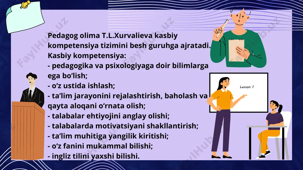 shakllantirish; - ta’lim muhitiga yangilik kiritishi; - o‘z fanini mukammal bilishi; - ingliz tilini yaxshi bilishi. o‘qituvchining kasbiy kompetensiyasi tizimi – pedagogik mahorat orqali namoyon bo‘ladi. kasbiy tayyorgarlik modelini shakllantirishda umumiylikdan xususiy mahorat sari boriladi. umumiy mahorat – bu pedagogik fikr yuritish va faoliyat yurgazish hisoblanadi, fakt va hodisalarni nazariy jihatdan tahlil qilishga undaydi. pedagog uchun zarur bo‘lgan mahoratning bu ikki unsurini birlashtirish asosida konkretlikdan obstraklikka, ya’ni aniqlikdan mavhumlik sari o‘tiladi. ular sezgi, tafakkur va nazariy asoslarda yuz beradi. shaxsiy kompetensiyalarga quyidagilar kiradi - muloqotchanlik; - bag‘rikenglik; - yetakchilik; - faol,tashabbuskor; - moslashuvchan; - sog‘lom turmush tarziga amal qilish; - mas’uliyat; - ishchanlik; - insonparvarlik; - umummadaniy; - ma’lumotli; - madaniyatli; - umuminsoniy qadriyatlarga egalik; - milliy madaniyatga ega bo‘lish; - mamlakatning ijtimoiy hayotida ishtirok etish; - boshqa millatlarning madaniyatini hurmat qilishi. maxsus kompetensiya: - talabalar ehtiyojini bilishi; - turli yosh xususiyatlarini bilishi; - ta’limni tabaqalashtirish; - ta’limni individuallashtirish. kompetensiya …