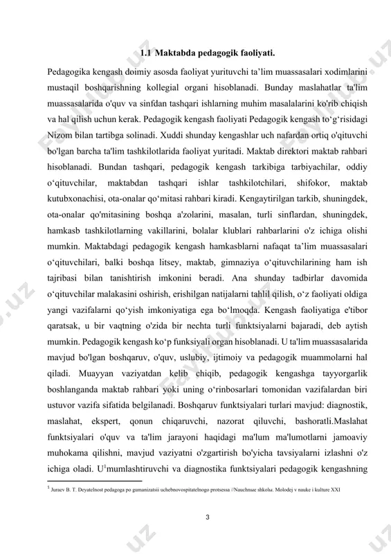 aytish mumkin. pedagogik kengash ko‘p funksiyali organ hisoblanadi. u ta'lim muassasalarida mavjud bo'lgan boshqaruv, o'quv, uslubiy, ijtimoiy va pedagogik muammolarni hal qiladi. muayyan vaziyatdan kelib chiqib, pedagogik kengashga tayyorgarlik boshlanganda maktab rahbari yoki uning o‘rinbosarlari tomonidan vazifalardan biri ustuvor vazifa sifatida belgilanadi. boshqaruv funktsiyalari turlari mavjud: diagnostik, maslahat, ekspert, qonun chiqaruvchi, nazorat qiluvchi, bashoratli.maslahat funktsiyalari o'quv va ta'lim jarayoni haqidagi ma'lum ma'lumotlarni jamoaviy muhokama qilishni, mavjud vaziyatni o'zgartirish bo'yicha tavsiyalarni izlashni o'z ichiga oladi. u[footnoteref:1]mumlashtiruvchi va diagnostika funktsiyalari pedagogik kengashning bunday shakllarini o'z ichiga oladi, ular davomida eksperimental ishlar, psixologik va tibbiy ko'riklar o'tkaziladi. rejalashtirish va prognostika funktsiyalari maktabni rivojlantirish rejasini tanlash, o'quv dasturlari, darsliklar, uslubiy rejalarni tanlashni o'z ichiga oladi. ekspert-nazorat funktsiyalari nafaqat pedagogik kengashlarni o'tkazishni, balki maktab, o'qituvchilarning ishi, xodimlar va o'quvchilar tomonidan ta'lim muassasasi ustaviga rioya qilishlari to'g'risida hisobotlarni tayyorlashni ham o'z ichiga oladi. tuzatish funktsiyalari mamlakat va dunyodagi o'zgarishlarni hisobga olgan holda maktabning tayyor ish rejasiga …