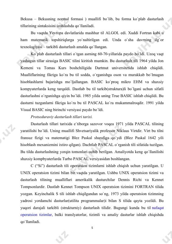 rlash tillari. so`ngi yillarda kompyuterning dasturiy ta`minoti rivojlanishi asosiy yo`nalishlaridan biri bu obyektga yo`naltirilgan dasturlash sohasi bo`ldi. obektga yo`naltirilgan operatsion tizimlar (masalan, windows), amaliy dasturlar va obyektga yo`naltirilgan dasturlash (oyd) tizimlari ham ammviylashdi. birinchi oyd elementi simula-67 (1967 y., norvegiya) tili bo`ldi. turbo pascal da 5,5 versiyasidan boshlab oyd vositalari paydo bo`ldi. turbo pascal ning rivoji yakuni yakuni sifatida borland filmasi tomonidan delphi dasturlash tizimi yaratilishi bo`ldi. ushbu sistema yordamida tez va oson murakkab bo`lgan grafik interfeysni dasturlash imkoniyati mavjud. 1991 yilda visual basic ning i versiyasidan boshlab bu til to`laligicha obyektga yo`naltirildi (1997 yil). 1985 yilda bell labs (aqsh) layuoratoriyasi s++ dasturlash tili yaratilganligini xabarini berdi. bugungi kunda bu til oyd tillari orasida mashhurdir. bu til yordamida istalgan mashina uchun – shaxsiydan to superkompyuterlargacha dasturlar yozish mumkin. bu tilning asoschisi born straustrupdir. oyd tillaridan yana biri 1995 yilda jeyms gosling boshchiligida sun microsystems kompaniyasida yaratilgan java tilidir. uni ishlab …