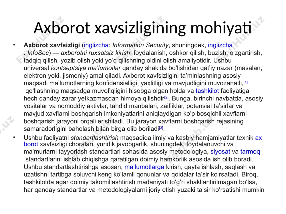 taxassislar mehnat bozorida yuksak barqaror bandlikka va yuqori talabga ega. bir qator tashkilotlar (isc)² tomonidan olib borilgan keng koʻlamli tadqiqotlar natijasida maʼlum boʻlishicha, 2017-yilda axborot xavfsizligi sohasi rahbarlarining 66 % oʻz boʻlimlarida ishchi kuchining keskin yetishmasligini tan olishgan va 2022-yilga kelib bu sohada mutaxassislarning tanqisligi darajasi butun dunyoda 1 800 000 kishini tashkil etishini taxmin qilgan axborot xavfsizligining tamoyillari 1975-yilda jerri zalser va maykl shreder oʻzlarining „kompyuter tizimlarida axborot xavfsizligi“[44] nomli maqolasida birinchi boʻlib xavfsizlikni buzishni uchta asosiy toifaga ajratishni taklif qilishgan. bular ma’lumotlarni ruxsatsiz oshkor qilish (inglizcha: unauthorized information release), ma’lumotni ruxsatsiz oʻzgartirish (inglizcha: unauthorized information modification) va ma’lumotlarga kirishni ruxsatsiz rad etish (inglizcha: unauthorized denial of use). keyinchalik, bu toifalar quyidagi qisqa nomlar va standartlashtirilgan ta’riflarni olgan: confidentiality ing. „maxfiylik“ - ruxsatsiz shaxslar, subyektlar yoki jarayonlar uchun kirish mumkin boʻlmagan yoki yopiq boʻlgan ma’lumotlarning xususiyati[36]; integrity ing. „yaxlitlik“ - aktivlarning toʻgʻriligi va toʻliqligini saqlash xususiyati[36]; availability ing. „mavjudlik“ …