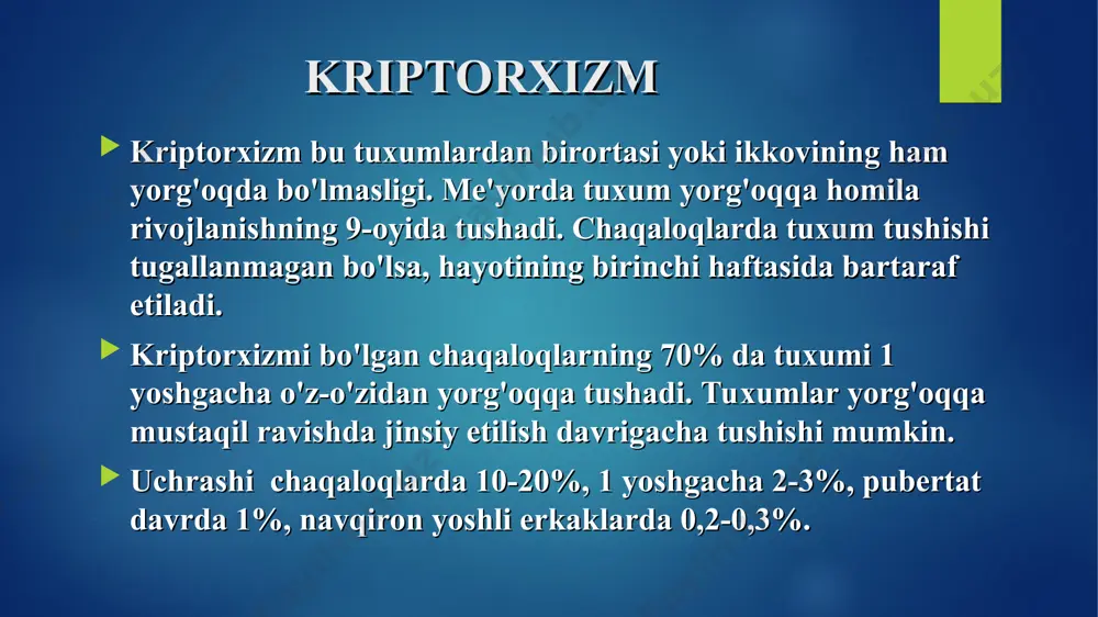 ib tushadi. orttirilgan kriptorxizm jarohatdan so'ng ko'p hollarda tuxum chov yo'li yoki qorin bo'shlig'iga siljib qolishi mumkin. boshqa hollarda tuxumning qorin bo'shlig'iga qarab surilishiga uning atrofiyasi sabab bo'ladi. turlari 1. bel sohasidagi kriptorxizm 2. qorin sohasidagi kriptorxizm 3. chov kanali kriptorxizmi 4. chov kriptorxizmi klinik manzarasi yorg'oq yaxshi yetilmagan, assimmetrik, tuxumlardan birortasi yoki ikkovi tushmagan. qorinda yoki chov sohasida simillovchi og'riqlarga shikoyat qiladi. tuxum qorin bo'shlig'ida to'xtab qolganida og'riq, odatda, jinsiy yetilish davrida boshlanadi. u jismoniy zo'riqishda, ich qotishi, jinsiy qo'zg'alish vaqtida kuchayishi mumkin. ko'zdan kechirish bemorni yotgan, tik turgan, qorin mushaklari tarang tortilgan va bo'shashgan holatda ko'zdan kechirish zarur. kuchanganda churra qopchasi tuxum bilan birgalikda chov yo'liga tushishi mumkin. chov yo'lida tuxumni paypaslash imkoni bo'lmasa, joylashishi mumkin bo'lgan soxalarni sinchkovlik bilan ko'zdan kechirish va paypaslab ko'rish lozim. tuxumning g'ayrioddiy joylashganligi istisno qilingach, qorin retentsiyasi mavjudligiga shubha tug'iladi. tekshirish usullari utt mrt tuxumlar stsintigrafiyasi - tuxumning nafaqat o'lchamlari va joylashishi, …