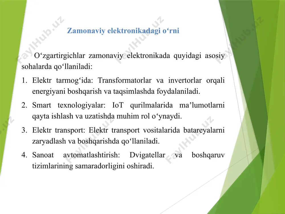 manfiy) yarim davr chiqishda ko‘rinadi. afzalliklari: sodda tuzilma. arzon narx va minimal komponentlar (bitta diod kifoya). kamchiliklari: samaradorlik past (faqat bitta yarim davr ishlatiladi). kuchlanishda pulsatsiyalar yuqori, barqarorlik uchun qo‘shimcha filtr talab etiladi. to‘liq to‘lqinli to‘g‘rilagich to‘liq to‘lqinli to‘g‘rilagich o‘zgaruvchan tok kuchlanishining ikkala yarim davrini (musbat va manfiy) doimiy tokka aylantiradi. turlari: 1. ko‘prikli (bridge) to‘g‘rilagich: to‘rtta dioddan tashkil topadi. har bir yarim davrda ikki diod navbatma-navbat ishlaydi. 2. markaziy chiziqli (center-tap) to‘g‘rilagich: transformatorning o‘rtadan chiqarilgan o‘rami ishlatiladi va ikkita dioddan iborat bo‘ladi. ishlash prinsipi: musbat yarim davrda bir juft diod oqimni o‘tkazadi, manfiy yarim davrda esa boshqa juftlik ishlaydi. chiqishda har ikkala yarim davr uchun musbat kuchlanish paydo bo‘ladi. afzalliklari: samaradorlik yuqori (ikki yarim davr ishlatiladi). chiqish kuchlanishidagi pulsatsiyalar pastroq, silliq dc hosil qilish oson. kamchiliklari: ko‘proq komponent talab etiladi (4 ta diod yoki maxsus transformator). biroz qimmatroq bo‘lishi mumkin. /docprops/thumbnail.jpeg
