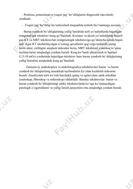 ez ma’lumotlarini tahlil qilish; - umumiy klinik va biokimyoviy tahlillar, otorinolaringologik tekshiruv (old va orqa riniskopiya,burun va burun yondosh bo’shliqlar faoliyatini tekshirish); - bo’shliq ajralmasining bakteriologik va virusologik, allergologik tekshiruvi; - endoskopik tekshiruv (endofotografiya), zarur bo’lsa sinusoskopiya; - biopsiya va sitologik tekshiruv (ko’rsatmaga asosan); - burun yondosh bo’shliqlarining rentgenologik tekshiruvi, shu jumladan kontrast modda yordamida; - kompyuter tomografiya (kt), magnit-rezonans tomografiya (mrt) (zaruriyat tug’ilganda); - peshona, ponasimon va yuqori jag’ bo’shliqlarini diagnostik (davolash) zondlash; - yuqori jag’ bo’shlig’ini tashxislash maqsadida teshish (ko’rsatmaga asosan). burun yondosh bo’shliqlarining yallig’lanishida turli yo’nalishlarda bajarilgan rentgenologik tekshiruv keng qo’llaniladi. koronar va aksial yo’nalishlarda bajaril-gan kt va mrt tekshiruvlari rentgenologik tekshiruviga qo’shimcha tarzda bajari-ladi. agar kt tekshirilayotgan a’zoning qavatlarini qog’ozga tushirish, uning tuzili-shini, zichligini aniqlash imkonini bersa, mrt tekshiruvi yumshoq to’qima tuzilma-larini aniqlashga yordam beradi. keng ko’lamli ultratovush to’lqinlari (1,5-10 mgs) yordamida bajarilgan tekshiruv ham burun yondosh bo’shliqlarining yallig’lanishini aniqlashda keng qo’llaniladi. zamonaviy endoskopiya va endofotografiya …