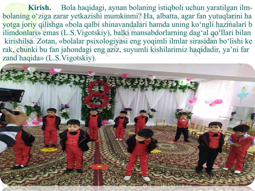 aliy vazifalari: - insonning psixik funksiyalarining yosh davriga mos meyorlarni va ijodiy qobiliyatning mavjudligini aniqlash; - psixologik rivojlanishda bolaning rivojlanishi, psixologik salomatligini nazorat qilish va tizimlashtirish; - yosh va tibbiy diagnostika; - inson hayotining inqirozli davrlarida yordamni amalga oshirish. "ontogenez" atamasi ilk bor 1866 yil nemis olimi ernst genrix gekkel tomonidan filogenizdan farqli oʻlaroq - turning evolyusion rivojlanishi bilan tanishtirildi. ontogenez - (yunoncha,. ontos-mavjud, jon, zot; genezis-tugʻilishi, kelib chiqish, paydo boʻlish) - individning paydo boʻlishidan, umrining oxirigacha psixik rivojlanish jarayonidir. oʻzbekiston respublikasi prezidentining “oʻzbekiston respublikasi maktabgacha ta'lim vazirligi faoliyatini tashkil etish toʻgʻrisida”gi 2017 yil 30 sentyabrdagi pq-3305-son qarori rivojlanish psixologiyasining ilmiy tadqiqot metodlari. 1. ontogenez psixologiyasi fanining ilmiy tadqiqot metodlari. 1.1. tashkiliy guruh metodlari. 1.2. empirik (amaliy guruh metodlari. 1.3. natijalarni qayta ishlash yoki statistik guruh metodlari. 1.4. sharhlash guruh metodlari. 2. umumiy ilmiy metodlar. 2.1. modellashtirish. 2.2.2. psixofiziologik metodlar. 2.2.3. psixogenetik metodlar. 2.2.4. tarixiy metod metod (yunon. metodos - …