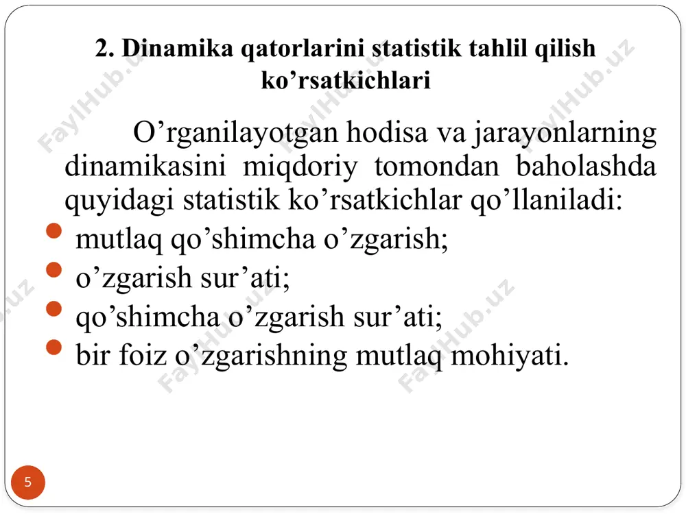 sak u holda tenglama quyidagi ko’rinishga keladi: 26 5.dinamika qatorlari va bashoratlash masalalari. dinamika qatorlarining hadlari qator orasida yetmasa uni aniqlash interpolyatsiya deyiladi, kelgusi hadlarni aniqlash ekstrapolyatsiya deyiladi. quyidagi misolni koʼrib chiqaylik. tumanda qorakoʼl qoʼylarining dinamikasini oʼrganish uchun quyidagi maʼlumotlar toʼplandi: 27 yillar 2015 2016 2017 2018 2019 2020 qo`ylar soni, bosh 6870 9164 11151 . . . 15931 18471 koʼrinib turibdiki, 2018 yil uchun maʼlumot yoʼq. shu yildagi qoʼylar sonini interpolyatsiya metodi bilan aniqlash mumkin. buning uchun mutlaq oʼzgarishlar, oʼzgarish surʼatlari, oʼrtacha mutlaq oʼzgarish va boshqa koʼrsatkichlar hisoblaniladi 28 аgar mutloq oʼzgarishda hisoblasak, natija quyidagicha: 2017 va 2019 yillar uchun mutloq oʼzgarish (15931-11151)=4780 ta qoʼyga teng. faraz qilmamiz, 2018 yilda ham oʼzgarish shu darajada boʼlgan.endi 4780:2=2390 boʼlamiz. bu olingan natijani 2017 yildagi qoʼylar soniga qoʼshamiz 11151+2390=13541. demak, 2018 yilda qoʼylar soni 13541 boshni tashkil qilgan ekan. bu koʼrsatkichni boshqa usullar yordamida ham olish mumkin. masalan 2017 va 2019 yillarning …