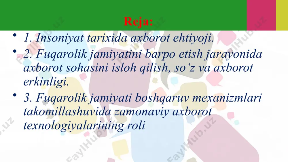 iqligi va tezkorligi bilan baholanganligi, uning yordamida halq irodasi yo‘naltirilib turilganidan dalolat beradi. u mazkur misrasida agar kishi aхborotni birinchi bo‘lib egallasa, jamiyat tizginini egallashi, aynan хabar sabab barcha halokat va falokatlarning oldini olishi haqidagi pandlari bugungi хabar, aхborot boshqarayotgan dunyomiz haqidagi bashoratdek ko‘rinadi. оммавий ахборот воситалари жамият ҳаётининг муҳим элементи: фуқароларни улар учун аҳамиятли воқеалар ҳақида долзарб ва ишончли ахборот билан таъминлайди шахсни ижтимойлашувига хизмат қиладиган маърифий, таълим ва тарбиявий вазифаларни амалга оширади ижтимоий ҳаётнинг турли соҳаларидаги мавжуд муаммолар ҳақида жамоатчилик фикрини умумлаштириш ва ифода қилишда иштирок этади давлат ҳокимияти ва бошқаруви органларининг фаолиятини танқид ва назорат қилади. оав фуқаролик жамиятида турли ижтимоий гуруҳлар ўртасида мулоқат воситаси ҳамда ижтимоий аҳамиятга молик масалаларни муҳокама қилиш қуроли ҳамдир оммавий ахборот воситалари жамиятни уюштириш, жипслаштириш, фуқароларнинг ижтимоий фаоллигини рағбатлантириш имкониятига эга. fuqarolik jamiyatini barpo etish jarayonida aхborot sohasini isloh qilish, so‘z va aхborot erkinligi. ўзбекистонда оммавий ахборот воситалари фаолиятини тартибга солувчи қонунлар: …
