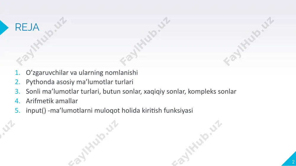ridan farq qiladi. 5 o‘zgaruvchilarni e’lon qilish qoidalari: o'zgaruvchi nomi harf yoki pastki chiziq (`_`) bilan boshlanishi kerak o'zgaruvchi nomi raqam bilan boshlanishi mumkin emas o'zgaruvchi nomida faqatgina lotin alifbosi harflari (`a-z`), raqamlar (`0-9`) va pastki chiziq (`_`) qatnashishi mumkin o'zgaruvchi nomida bo'shliq (пробел) bo'lishi mumkin emas o'zgaruvchi nomida katta-kichik harflar turlicha talqin qilinadi (`ism`, `ism`, va `ism` uchta turli o'zgaruvchi)maxsus buyruq nomlarini ishlatish mumkin emas; shuningdek o'zgaruvchilarga pythonda ishlatiladigan funktsiyalar va maxsus kalit so'zlarning (keywords) nomini bermang. kalit so'zlar ro'yhatini ko'rish uchun spyder konsolida avval `help()` deb yozing va enter tugmasini bosing. keyin esa `keywords` deb kiritib, yana enter bosing. 6 o‘zgaruvchilarni e’lon qilish qoidalari: qo’shimcha tavsiya ma’nosidagi qoidalar(majburiy bo’lmagan): qo'shimcha qoida sifatida: o'zgaruvchi nomini kichik harflar bilan yozing. o'zgaruvchi nomida 2 va undan ortiq so'z qatnashsa ularning orasini pastki chiziq (`_`) bilan ajrating (`ism_sharif="anvar narzullaev"`) o'zgaruvchiga tushunarli nom bering (`y=20` emas `yosh=20`, `d="korea"` emas `davlat = "korea"` va …