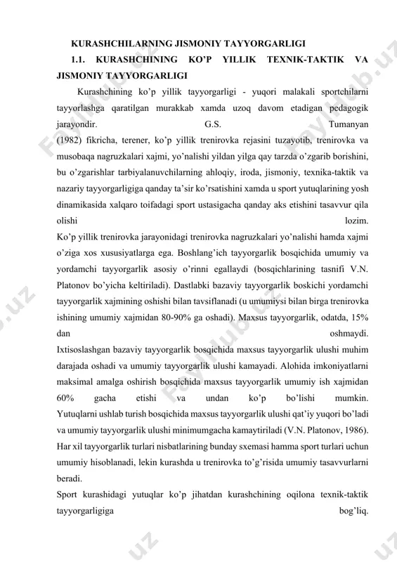 akllantirish: texniktaktik komplekslar novd a chala r so’zl ar ii bosqich bazaviy texnikani shakllantirish: -taktik tayyorgarlik; · usullar; · qarshi usullar; · himoyalanishlar. tana bo’g’ inlar- harflar i bosqich “maktab” texnikasi, ya’ni ixtisoslashgan elementlar va ularning komplekslarini shakllantirish ildiz -rasm. kurashchilar ko’p yillik tayyorgarligida texnik-taktik tayyorgarlik mazmuni va bosqichlari (g.s.tumanyan bo’yicha). ko’p yillik texnik-taktik tayyorgarlikning har bir bosqichida “o’sish o’lchamini” aniqlash va musobaqalarda qayd qilingan tth ni baholash tizimidan foydalanish lozim. sport kurashi bo’yicha maxsus ilmiy-uslubiy adabiyotlarni har tomonlama tahlil qilish natijasida professor i.i. alixonov, 1986) kurashchining texnik-taktik tayyorgarligini ko’p yillik rejalashtirishni ishlab chiqdi. -jadvalning tahlili ushni ko’rsatadiki, kurash texnikasi elementlari va taktik tayyorgarlik usullari, asosan, 10-15 yoshda o’rganilishi lozim (i.i. alixanov, 1986) texnik-taktik mahoratni kelgusida takomillashtirish o’smirlik hamda o’spirinlik yoshlarida amalga oshiriladi. tayyorgarlik rejasidagi mashqlar shiddati v.r. andreev va a.a. novikov shkalasi bilan baholanadi. shu shkalaga muvofiq yuqt: 1 ball - 10 s ichida 18-19 zarba, 2 ball - …