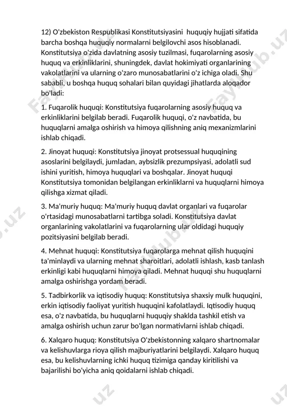a xizmat qiladi. 3. ma'muriy huquq: ma'muriy huquq davlat organlari va fuqarolar o'rtasidagi munosabatlarni tartibga soladi. konstitutsiya davlat organlarining vakolatlarini va fuqarolarning ular oldidagi huquqiy pozitsiyasini belgilab beradi. 4. mehnat huquqi: konstitutsiya fuqarolarga mehnat qilish huquqini ta'minlaydi va ularning mehnat sharoitlari, adolatli ishlash, kasb tanlash erkinligi kabi huquqlarni himoya qiladi. mehnat huquqi shu huquqlarni amalga oshirishga yordam beradi. 5. tadbirkorlik va iqtisodiy huquq: konstitutsiya shaxsiy mulk huquqini, erkin iqtisodiy faoliyat yuritish huquqini kafolatlaydi. iqtisodiy huquq esa, o'z navbatida, bu huquqlarni huquqiy shaklda tashkil etish va amalga oshirish uchun zarur bo'lgan normativlarni ishlab chiqadi. 6. xalqaro huquq: konstitutsiya o'zbekistonning xalqaro shartnomalar va kelishuvlarga rioya qilish majburiyatlarini belgilaydi. xalqaro huquq esa, bu kelishuvlarning ichki huquq tizimiga qanday kiritilishi va bajarilishi bo'yicha aniq qoidalarni ishlab chiqadi. 13) o‘zbekiston respublikasi prezidentining 2023-yil 8-maydagi "yangi tahrirdagi o‘zbekiston respublikasi konstitutsiyasini amalga oshirish bo‘yicha birinchi navbatdagi chora-tadbirlar to‘g‘risida"gi farmoni, yangi tahrirdagi konstitutsiyani hayotga tatbiq etish va uning …