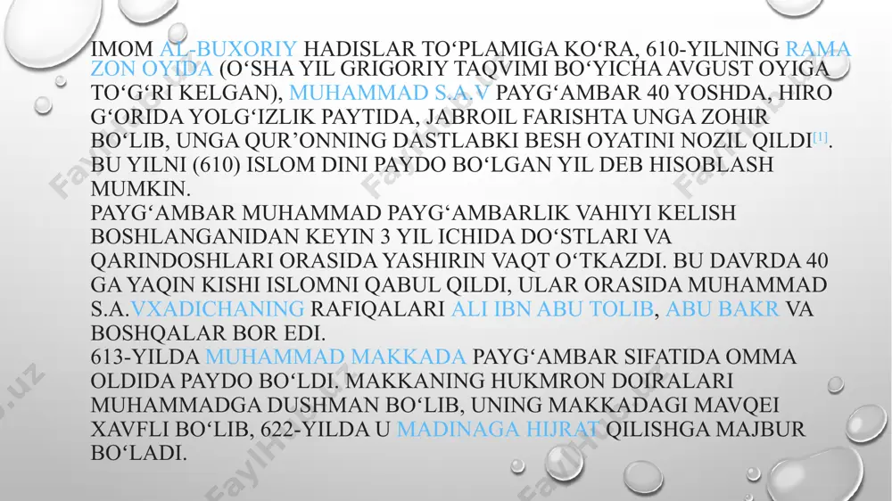 hunosligini yaratishga va uni boyitishga katta hissa qoʻshdilar. tarjima ishlarida turli mamlakatlardan kelgan olim va tarjimonlar, jumladan turkiston olimlaridan ahmad fargʻoniy, muhammad xorazmiy, abbos ibn sayd javhariy va ahmad ibn abdulloh marvaziylar qatnashgan. bu yerda olimlar chet tildagi murakkab tushunchalarni berishga qodir arab atamashunosligini yaratishga va uni boyitishga katta hissa qoʻshdilar. xulosa islom dini va ma’daniyati vii – viii asrlarda keng tarqalgan din hisoblanadi. ilm fan o’rta osiyo hududida ayniqsa keng tarqaladi .bayt ul hikma va unda olimlar yetishib chiqadi va bundan tashqari “ma’mun akademiyasi” ham faoliyat yuritgan bularning barchasi i slom qoidalari va tafsirlari natijasida vujudga keladi. e’tiboringiz uchun rahmat!!! image2.png image4.jpg image5.jpg image6.jpg image7.jpg image8.jpg image9.tmp image3.png image11.tmp image12.tmp image10.tmp image13.tmp image14.tmp image15.tmp image16.tmp image17.tmp image1.png
