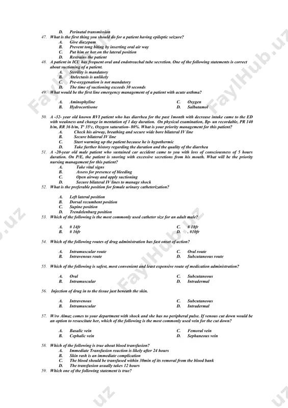 experiencing congestive heart failure. what medication would you expect to administer to strengthen myocardial contractility? a. nitroprusside b. digoxin c. nitroglycerine d. furosemide 30. a 35- year-old patient is brought to a hospital with a diagnosis of pneumonia following a recent intrathoracic surgery. which of the following drug is most likely prescribed? a. gentamycin b. amoxacillin c. levofloxacin d. docycline 31. which one of the following is true about prevention of pressure ulcer in comatose patient? a. positioning disturb patients in coma b. changing the position of a bed-ridden patient every 8 hours c. rub the skin vigorously with alcohol d. minimize pressure on the bony prominence of a bed-ridden patient 32. a-40- year old patient is brought to a hospital with a diagnosis of nephrolithiasis and advised to increase fluid intake.what is the importance of increasing fluid intake in this patient? a. to concentrate the urine b. to help …