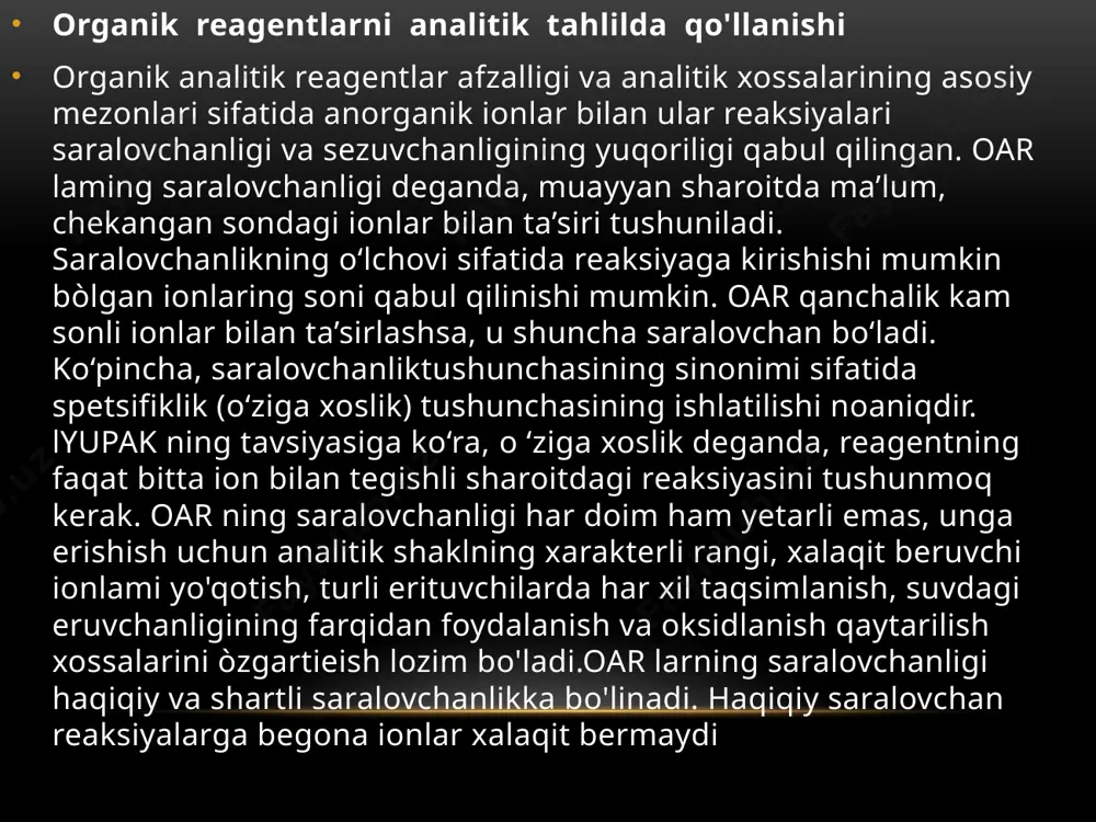 os ro‘lini o‘ynaydiganlariga asosan turli sinf aminlari kiradi va ulardagi azot protonga nisbatan akseptorlik xossasini namoyon qiladi. bunday reagentlarning reaksiyalariga misol qilib quyidagi reaksiyani keltirishimiz mumkin. yoki fenolning fe(iii) bilan bu reagentlar kislotalaardir. agar ular tarkibida umumlashmagan elektron jufti tutgan atom bo‘lsa u holda donor-akseptor bog‘ xosil qilishi ham mumkin, masalan fenol fe+3 ga nisbatan ligand vazifasini ham o‘tashi mumkin. agar organic molekulasida faqat kompleks hosil qiluvchi guruxlar (-n=n-, -n=, =o, =s) bo‘lsa ularning metal ionlari bilan o‘zaro ta’sirini donor-akseptor bog‘lar xisobiga kompleks birikma xosil bo‘lishiga olib keladi. masalan: fe+2 ning piridin bilan reaksiyasi: kompleks birikma xosil qiladi organik reagentlarda uchraydigan asosiy kompleks xosil qiluvchi guruxlar: ko‘pchilik xollarda polidentant ligand xossalarini namoyon qiluvchi reagentlar qo‘llaniladi. ularning organic birikmalar ionlari bilan xosil qiladigan birikmalari xalqa, (yoki xelat) xarakterga ega. masalaan, geteroxalqali azot tutgan asoslar 2 ta azot atomlari bilan (2,21- dipiridil va 1,10 fenantrolin) fe2+ bilan piridinga nisbataan barqaror bo‘lgan kompleks …