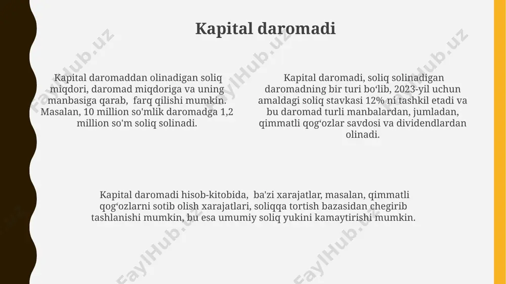 li manbalaridan kelib chiqqan barcha daromadlarni jamlash kerak, masalan, 5 ta turli manbadan olingan daromadlarni yig'indisini hisoblash zarur. umumiy daromad, soliq to'lovchining bir yil ichida olgan barcha daromadlarining yig'indisidir, shu jumladan ish haqi, dividendlar, foizlar va boshqa daromad manbalari, umumiy miqdori 100.000 so'mdan oshganda soliqqa tortiladi. soliq imtiyozlari 2023-yilgi soliq kodeksiga koʻra, nogironlar va koʻp bolali oilalarga qoʻshimcha soliq imtiyozlari taqdim etiladi, bu ularning soliq yukini 5-15% ga kamaytirishi mumkin. ba'zi xususiy sektor korxonalari xodimlariga beriladigan qo'shimcha to'lovlar (masalan, ta'lim yoki tibbiy xarajatlar uchun) soliq imtiyozlariga ega bo'lib, daromad solig'ini 3-7% ga pasaytirishi mumkin. soliq imtiyozlari, ayrim hollarda, jami daromadning 10% gacha boʻlgan qismini kamaytirish imkonini beradi, bu esa soliq toʻlovchilarga sezilarli darajada yengillik yaratadi. ijara daromadi agar ijara daromadi yiliga 200 mln. so'mdan ortiq bo'lsa, soliq stavkalari progressiv tarzda oshadi, ya'ni daromad miqdoriga bog'liq holda soliq stavkasi yuqori bo'ladi. ijora daromadi, jismoniy shaxslarning umumiy daromadini hisoblashda qo'shiladi va soliq …