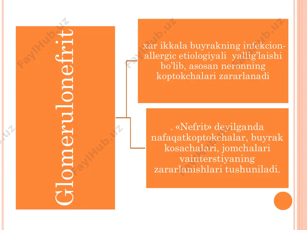 kkol + proteinuriya 3,3 g/l gacha 3,3 g/l va undan yuqori 3,3 g/l va undan yuqori 3,3 g/l gacha gematuriya makroge maturiya uncha ifodalanmagan makrogematu riya mikrogematu riya d ia g n o st ik a anamnestik ma’lumotlar lobarator taxlillar klinik simptomlar utt. biopsiya. qat’iy yotoq rejim. etiatrop davo antibiotiklar dieta №7 parxez ta’omnomasi patogenetik: antikoagulyantlar, dezagregantlar, kortikosteroid gormonlar. antigistaminlar. vitaminlar: vitamin s, askorutin. simptomatik: siydik xaydovchi; gipoenziv. davolash dispanser kuzatuv i gurux – to’la klinik – laborotor remissiya olgan bemorlar . • umumiy rejimda bo’lishadi. 3 oyda 1 marta, oyda 1 marta siydik taxlili koriladi, 3 oyda 1 marta qon taxlili ko’riladi ii gurux o’tkir gn • bu bola 1-2 oyda 1marta qon taxlili , 1-2 xaftada siydik taxlili, rejim, parxez, buyuriladi. buyrak faoliyati 3 oyda 1 marta tekshiriladi. gematuriya paytida vitominoterapiya, kalciy preparatlari, antigistamin preparatlar, antibiotiklar tavsiya etiladi tuz sutkasiga 2,0-3,0 gr. buyuriladi. iii-guruhga otkir gn • bu …