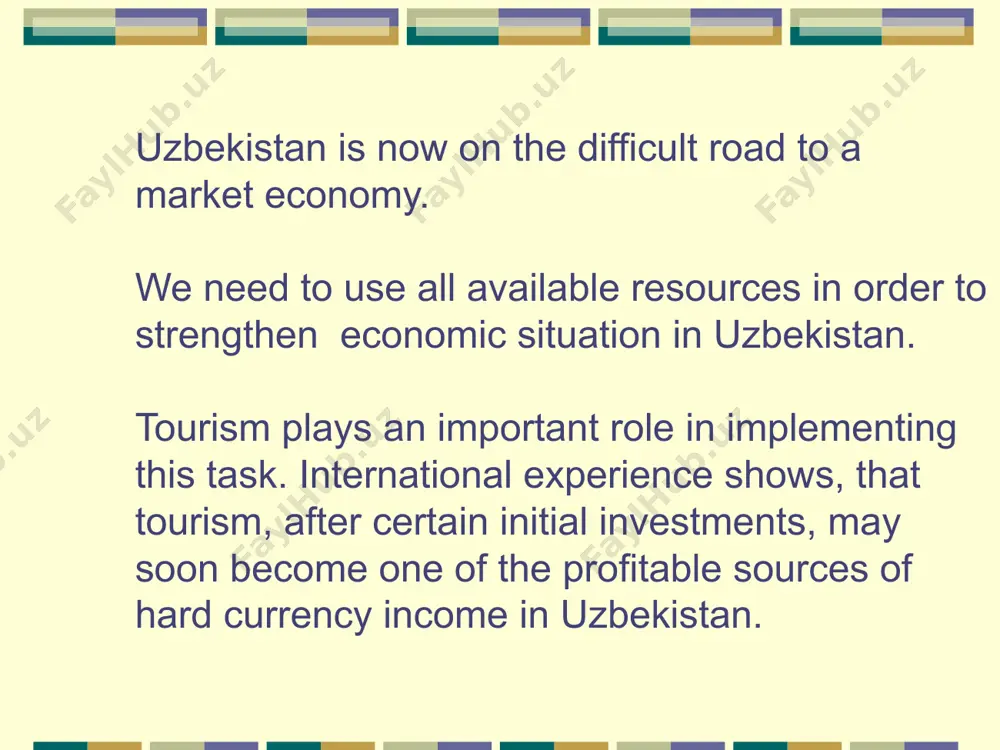 ss (4-5 star category). but the majority of them are two star hotels in total, hotels in uzbekistan offer 75 thousand suites and can host simultaneously about 15 thousand people the national hotel market offers services diverse in cost and quality shodlik palace hotel famous world chain hotels intercontinental and sheraton in tashkent hotel inter-continental sheraton hotel the new sector of the market since 1998 private hotels of “b&b” type (bed and breakfast) in the form of small and family enterprises have been emerging throughout uzbekistan problem of tourism development in uzbekistan advantages diversity of natural resources favorable location on great silk road large number of historical monuments rich cultural heritage friendly, hospital people adequate hotel facilities disadvantages poor infrastructure in some tourist centers lack of auto service facilities on intercity roads few entertainment events quality of service below international standards list of references brown h.d. (1986). learning a second …