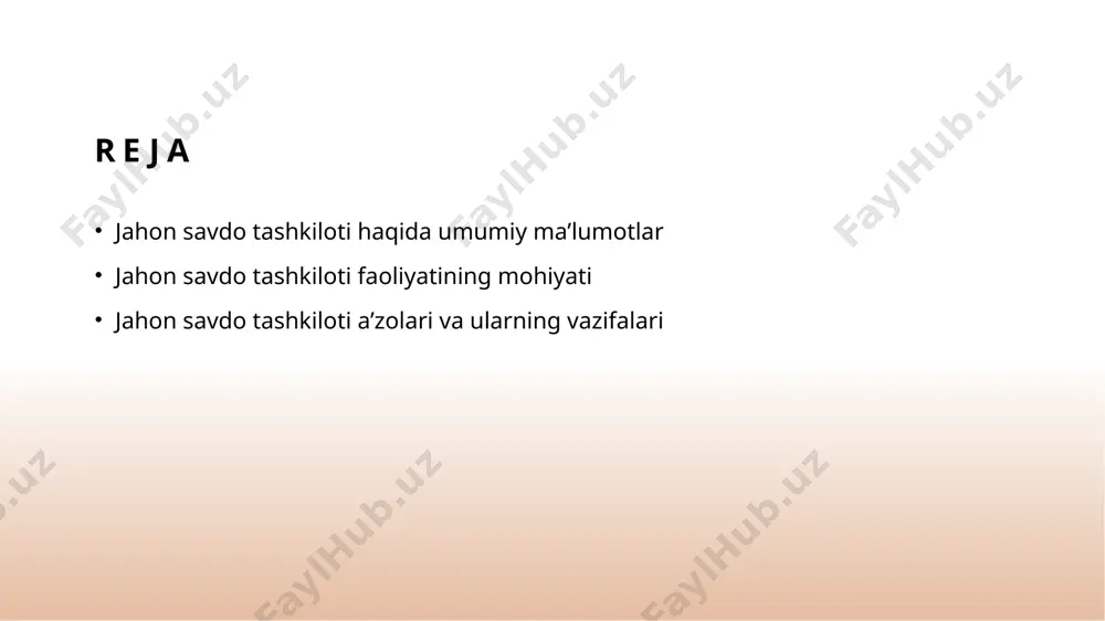 vni rivojlantirish, iqtisodiy hamkorlikni mustahkam tutish va savdo tartibini ta'minlashni maqsad qiladi. tashkilotning vazifalari wto, a'zolar mamlakatlarning o'rtasida adolatli savdoni ta'minlash, savdo chegaralari va soliqqa oid tartibni saqlash, tarixiy qarorlarni qo'llash bilan shug'ullanadi. jahon savdo tashkiloti samaradorligi wto faoliyatining samaradorligi o'z a'zolariga savdo chegaralari buzilganda, munosabatlar o'rtasidagi masalalar yechilganda va xalqaraliq iqtisodiyotni rivojlantirishga yordam beringanda ko'zlangan. jahon savdo tashkilotining a'zolari bilan hamkorlikda ishlash usullari jahon savdo tashkiloti a'zolari bilan hamkorlikda ishlash usullari o'zaro savdo tartibini ta'minlash, savdo munosabatlarini rivojlantirish va yuridik muammo'larni hal qilishda ko'rsatiladigan kuchli mekanizmlardan foydalanadi. bu usullar orqali mamlakatlar o'rtasida iqtisodiy hamkorlikni rivojlantirishni maqsad qiladi. photo by scarbor siu on unsplash jahon savdo tashkiloti tarixi va rivojlanishi jahon savdo tashkiloti tarixi jahon savdo tashkiloti 1995-yilda tuzilgan va global savdo qoidalarini muhofaza qilishga qaratilgan xorijiy tashkilotdir. jahon savdo tashkiloti rivojlanishi wto a'zolari o'rtasida boshqaruv, ishonchli va ozod savdoga erishishni ta'minlash uchun urinishlar yaratishda muvaffaqiyatga erishgan. jahon savdo tashkiloti …