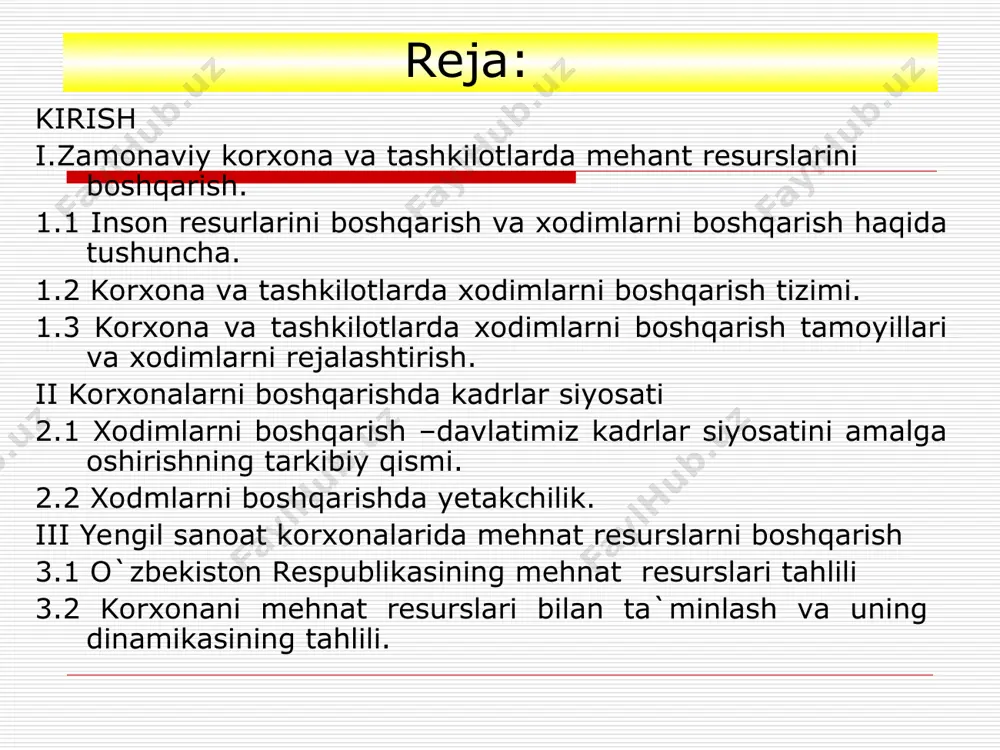 qarish harajatlar va ularning samaradorligini baholash motivatsiya ma`suliyat va vakolat x o d i m l a r n i b o sh q a r i sh ixtiloflar, nizolarni hal qilish 1.3 korxona va tashkilotlarda xodimlarni boshqarish tamoyillari va xodimlarni rejalashtirish. xodimlarni rejalashtirish- bu inson omiliga bo`lgan extiyojni oldindan aniqlashdir. mavjud xodimlarni baholash 2. istiqbolda xodimlarga bo`lgan talabni rejalashtirish 3.xodimlarni rivojlantirish dasturini ishlab chiqish mavjud xodimlarni baholashda . eng avvalo ularning shakllanishiga ta`sir etuvchi tashqi omillarga , xususan mehnat bozoridagi vaziyatga e`tiborni qaratmoq lozim. zero, mehnat bozoridagi holat ko`p jihatdan quydagilarga bog`liq: aholi soni, yoshi, jinsi salmog`idagi o`zgarishlarga; tarmoq va hududiy bandlikdagi o`zgarishlarga ; qo`shimcha ishchi kuchini yollash darajasiga ; ishlab chiqarish hajmi, tarkibiva o`sish suratiga; mehnat resurslarini boshqarish usuliga vahk. mehnat resurslariga bo`lgan talabni rejalshtirish xodimlarni rejalashtirish jarayonining boshlang`ich bosqichi bo`lib, uni tuzishda quydagi ma`lumotlar asosiy vazifani o`ynaydi mavjud va rejalshtirilayotgan ish joylari tashkiliy va tehnik tadbirlar rejasi …