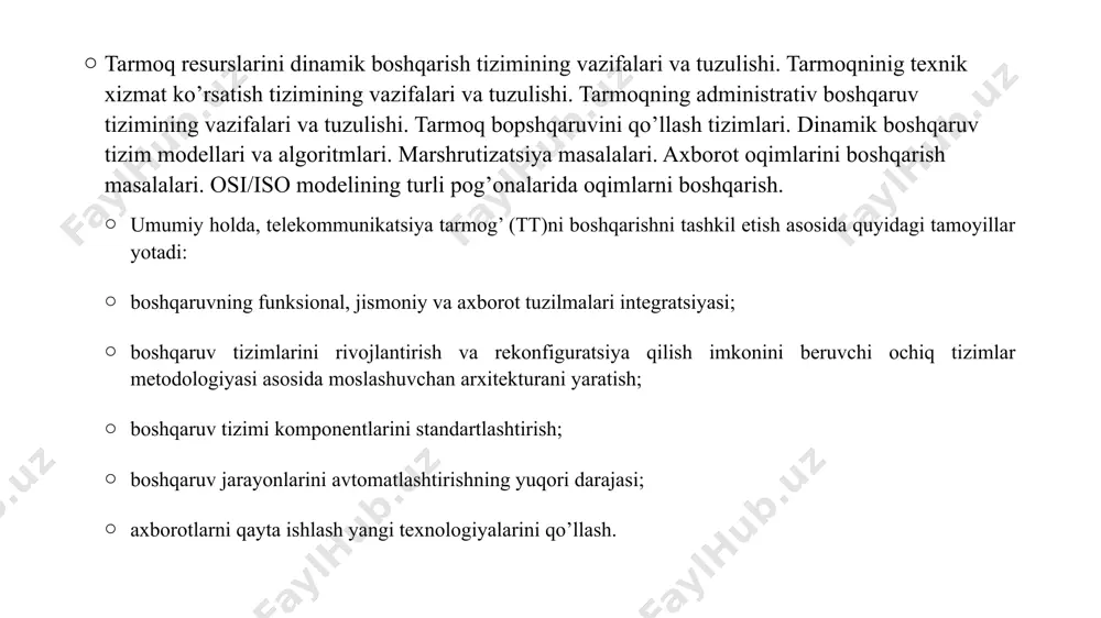 ing ehtimolli-vaqtincha dinamik nazorati va chegaralangan doirada qarorlar ishlab chiqish, shuningdek, ma’lumotlarning ushlanib qolish talablari doirasida, xizmat ko’rsatishdagi inkorlar kattaliklari bo’yicha, ulanishlar sifati va tarmoqning ish sifati hamda ma’lumotlarning ustuvorligi bo’yicha tarmoq parametrlarini hujjatlashtirish; tarmoq uskunalari ish parametrlarini doimiy monitoringini olib borish, ularning me’yorlarga nisbatan pasayishi tarmoqda sifatsiz xizmat ko’rsatishga sabab bo’lishi mumkin; tarmoq elementlaridagi yuklanish haqida ma’lumotlarni yig’ish; v) xizmat xabarlarini shakllantirish, ularni texnik xizmat ko’rsatish markazlari va tarmoqni boshqaruv markazlariga berish. b) yuklamani boshqarish abonent yuklamalarini va tarmoqqa kirishni boshqarish (tarif jadvalidan foydalanish, ustuvor xizmat ko’rsatish, abonentlarning bir qismini o’chirish hisobiga, abonent yuklamalarini chegaralash, qayta chaqiruvlar uchun to’lov tayinlash, abonentlarga xabar yyetkazish bo’yicha tashkiliy tadbirlar va boshqalar); bog’lamalararo va bog’lama ichki oqimlari yuklamalarini boshqarish (aylanma yo’nalishlarni tashkil etish, tavsifnomalar asosida marshrutlarni o’zgartirish, tugallanishi gumon bo’lgan chaqiruvlardan himoya qilish, tranzit yuklamalarni chegaralash, yuklamalar ortib ketgan hollarda uskuna konfiguratsiyasiga o’zgartirish kiritish, ishchi dasturlarni dispetcherlashga moslashtirish va x.k.lar); tarmoqdan chiqishda yuklamalarni …
