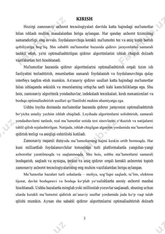 lari jadal rivojlanayotgan bugungi davrda har kuni katta hajmdagi raqamli ma’lumotlar yaratilmoqda, saqlanmoqda va qayta ishlanmoqda. har bir tashkilot, korxona yoki foydalanuvchi o‘z faoliyati davomida katta hajmdagi ma’lumotlarni jamlaydi va ularni tezkor tahlil qilish, izlab topish zaruratiga duch keladi. ayniqsa, real vaqt rejimida ishlovchi axborot tizimlari uchun ma’lumotlarni tez va aniqlik bilan qidirib topish talabi eng muhim ehtiyojlardan biri sanaladi. shu nuqtai nazardan qaralganda, ma’lumotlar bazasida optimallashtirilgan qidiruv algoritmlarini ishlab chiqish masalasi dolzarb bo‘lib, bu boradagi ilmiy-amaliy izlanishlar zamonaviy tizimlar samaradorligining poydevori hisoblanadi. oddiy qidiruv usullari ma’lumotlar hajmi oshgan sari sekinlashadi, ortiqcha xotira va protsessor resurslarini talab qiladi, shuningdek, natijalarning aniqligiga ham salbiy ta’sir ko‘rsatishi mumkin. bu esa foydalanuvchining umumiy tajribasini yomonlashtiradi va tizimning raqobatbardoshligini pasaytiradi. masalan, foydalanuvchi ma’lumotlar bazasidan ma’lum bir mahsulot, foydalanuvchi, xizmat turi yoki hujjatni qidirayotgan bo‘lsa, qidiruv algoritmining ishlash tezligi va aniqligi juda muhim ahamiyatga ega bo‘ladi. qidiruv kechiksa yoki noto‘g‘ri natijalar taqdim qilinsa, bu tizimga …
