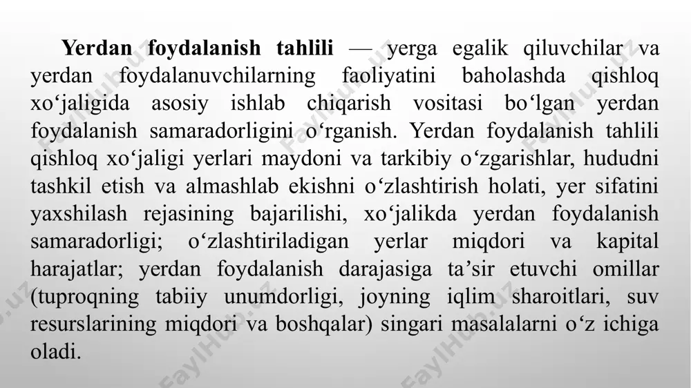 o’lchami), shartlari va o’tkazish muddatlari shartnomaga muvofiq o’rnatiladi. qishloq xo’jaligi maqsadlariga mo’ljallangan yerlar ijaraga olinganda uning miqdori ijaralangan uchastkalardan olinadigan yer solig’ining summasidan oshmasligi kerak. yer uchun ijara haqi alohida yoki butun ijaraga olingan mulkning ijara haqi tarkibida ham olinishi mumkin. lekin bu holda ham yer uchun ijara haqi, albatta, mahalliy byudjetning daromadiga o’tkazilishi kerak. etiboringiz uchun raxmat image2.png image4.jpeg image5.jpg image6.jfif image7.jfif image8.jpg image9.jfif image10.jpg image1.png /docprops/thumbnail.jpeg