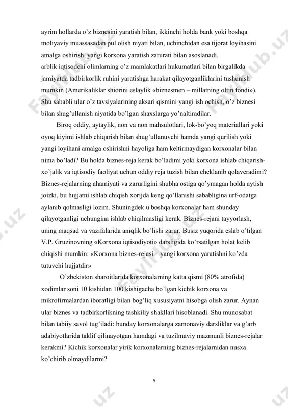 bilan bog’liq xususiyatni hisobga olish zarur. aynan ular biznes va tadbirkorlikning tashkiliy shakllari hisoblanadi. shu munosabat bilan tabiiy savol tug’iladi: bunday korxonalarga zamonaviy darsliklar va g’arb adabiyotlarida taklif qilinayotgan hamdagi va tuzilmaviy mazmunli biznes-rejalar kerakmi? kichik korxonalar yirik korxonalarning biznes-rejalarnidan nusxa ko’chirib olmaydilarmi? bizningcha, biznes-reja ham yirik korxonalarda, ham kichik korxonalarda ishlab chiqilishi lozim. bunda uni ishlab chiqish korxonani rivojlantirish strategiyasidan tashqari, ularni amalga oshirish uchun ayni paytda korxonadan qo’shimcha moliyaviy resurslar talab qiluvchi yangi loyihalarni amalga oshirish, ishlab chiqarishni kengaytirish, qayta ta’mirlash va texnik jihozlash, mahsulot diversifikatsiyasi, ichki va tashqi bozorlarga kirib borish bilan bog’liq bo’lishi lozim. chunki biznes-reja korxonaning kundalik faoliyatidan tashqari, bank muassasalari tomonidan yuqorida ko’rsatilgan va shunga o’xshash tadbirlarni moliyalashtirishda muhim ahamiyat kasb etadi. boshqa hollarda esa korxona o’z biznes-rejasini nima deb atashining unchalik ahamiyati bo’lmaydi, bu korxonaning o’z ixtiyorida bo’ladi. gap shundaki biznes-reja har qanday muammolardan himoya qiluvchi vosita bo’la olmaydi, u korxonaning o’zi bajarishi …