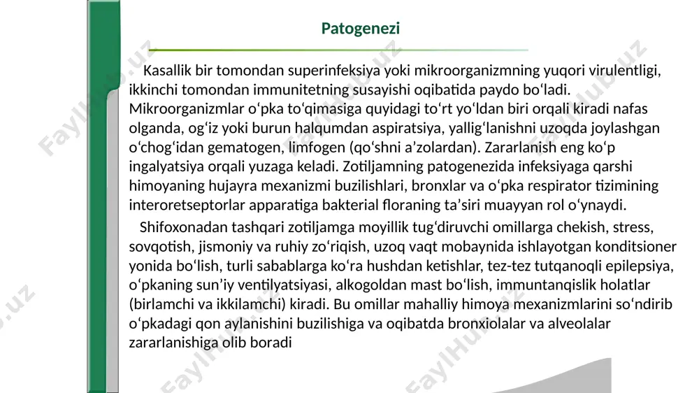 gi zotiljamga tana haroratining 38-39° c gacha ko‘tarilishi, nafas olish soni bir daqiqada 25-30, yurak qisqarishlari soni 90-100 taga yetishi, yengil namoyon bo‘lgan intoksikatsiya va sianoz, chapga siljigan leykotsitoz xos. og‘ir kechuvchi zotiljamga tana haroratini 39 °c dan yuqori, nafas olish soni bir daqiqada 30 dan, yurak qisqarish soni bir daqiqada 100 tadan ortiq, keskin namoyon bo‘lgan intoksikatsiya va sianoz, leykotsitoz, neytrofillarning toksik donadorligi, kamqonlik xos. davomiyligi bo‘yicha kasallikni tipik (4 haftagacha), uzaygan (4–6 haftadan ortiq) turlari farqlanadi. zotiljamning uzaygan kechishi odatda, kasallikning pnevmokokkli etiologiyasida yoki zararlangan o‘choqda mikroorganizmlar assotsiatsiyasi mavjud bo‘lganda uchraydi. tasnifi klinikasi zotiljamni klinikasi quyida keltirilgan sindromlar majmuidan iborat: 1. yallig‘lanishning o‘tkir fazasi sindromi (sovqotish, yuqori tana harorati, yuzni qizarib turishi, balg‘amda qo‘zg‘atuvchi aniqlanishi, eritrotsitlar cho‘kish tezligining ortishi, chapga siljigan leykotsitoz); 2. intoksikatsiya sindromi (umumiy holsizlik, bosh og‘riqlari, ishtahaning pasayishi); 3. o‘pka to‘qimasining o‘choqli zichlashuvi sindromi: - o‘pka tuzilmalari shishi hisobiga hansirash; - plevra yemirilishi tufayli nafas …