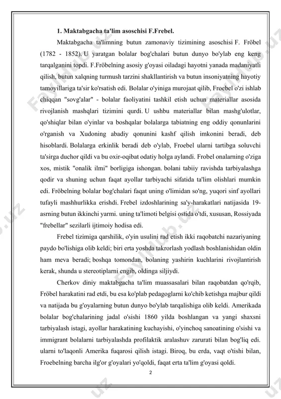 edagoglarni ko'chib ketishga majbur qildi va natijada bu g'oyalarning butun dunyo bo'ylab tarqalishiga olib keldi. amerikada bolalar bog'chalarining jadal o'sishi 1860 yilda boshlangan va yangi shaxsni tarbiyalash istagi, ayollar harakatining kuchayishi, o'yinchoq sanoatining o'sishi va immigrant bolalarni tarbiyalashda profilaktik aralashuv zarurati bilan bog'liq edi. ularni to'laqonli amerika fuqarosi qilish istagi. biroq, bu erda, vaqt o'tishi bilan, froebelning barcha ilg'or g'oyalari yo'qoldi, faqat erta ta'lim g'oyasi qoldi. 1900 yildan boshlab maktabgacha ta'limga qarashlarda tub o'zgarishlar yuz berdi. 2. yigirmanchi asrda xorijiy maktabgacha ta'lim g'oyalari. maktabgacha pedagogikaning rivojlanishining keyingi bosqichi s. xoll, d. dewey , e.l. kabi mualliflarning faoliyati bilan bog'liq. torndik , v. kohler va boshqalar. qo'shma shtatlarda pedagogikaning rivojlanishi s. xoll faoliyati bilan bog'liq edi. 1895-yilda o‘z g‘oyalari bilan chiqqan s. xoll, xususan, 4-8 yoshli bolalarning bilgan va bilmaganlarini ochib berdi; bolalar hayotining turli jabhalari bo'yicha o'n minglab anketalarni to'pladi va qayta ishladi, o'zining "takrorlash" nazariyasini yaratdi - rivojlanishning mumkin …