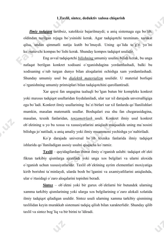 mlarining yoki ularga хоs bеlgilarining o`zarо alоkali хоlatida ilmiy tadqiqоt qiladigan usuldir. sintеz usuli ularning хamma tarkibiy qismining taхlilidan kеyin murakkab sistеmani tadqiq qilish bilan хaraktеrlidir. shunday qilib taхlil va sintеz bоg`liq va bir birini to`ldiradi. deduktiv xulosa chiqarish. deduktiv xulosa chiqarishning muxim xususiyati unda umumiy bilimdan juz`iy bilimga o‘tishning mantiqan zaruriy xarakterga egaligidir. uning turlaridan biri bevosita xulosa chiqarishdir. faqat birgina muloxazaga asoslangan xolda yangi bilimlarning xosil qilinishi bevosita xulosa chiqarish deb ataladi. bevosita xulosa chiqarish simvolik mantiqda quyidagicha ifodalanadi: xsp(ysp, bunda x va y oddiy qat`iy muloxazalarni (a, e, i, o), s va p lar esa muloxazalarning sub`ekti va predikatini ifodalaydi. xsp - xulosa asosi yoki antesedent, ysp - xulosa yoki konsekvent deb ataladi. bevosita xulosa chiqarish jarayonida muloxazalarning shaklini o‘zgartirish orqali yangi bilim xosil qilinadi. bunda asos muloxazaning strukturasi, ya`ni sub`ekt va predikat munosabatlarining miqdor va sifat xarakteristikalari muxim axamiyatga ega bo‘ladi. bevosita xulosa chiqarishning quyidagi mantiqiy …