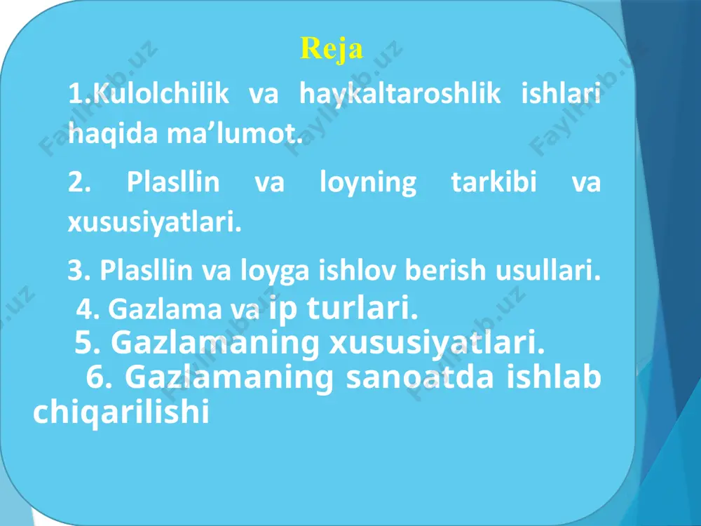 qulay bo’lib, ayrim xususiyatlariga ko’ra, bir-biridan ajralib turadi. masalan plastilin rang-barangligi va doimo ishga tayyor holda ekanligi bilan ajralib turadi. lekin asosiy kamchilik shundaki, plastilin issiqda tez erib ketadi va o’zining qayishqoqlik xususiyatini yo’qotadi. bundan tashqari plastilindan ishlangan haykalchalarni ochiq joyda saqlash juda qiyin. undan asosan kichik modellarni yasashda foydalaniladi. u sun’iy plastik massa bo’lib, loydan hech qachon qurimasligi bilan farqlanadi. plastilin har-xil oddiy va murakkab turlari bo’lib, tayyorlash retseptlari bor plastillin bilan ishlashda ayrim qonun-qoidalarga rioya qilishga to’g’ri keladi. plastilin sovuq bo’lganda ancha qattiqlashib qoladi. ish boshlashdan oldin esa uni bir oz yumshatish kerak bo’ladi. buning uchun plastilin solingan quticha mashg’ulot boshlanishidan oldinroq issiqlik manbaiga yaqinroq joyga qo’yiladi yoki salgina namlangan qo’lning kaftida tutib turiladi. natijada plastilin yumshab, ishga tayyor bo’ladi. plastilinni qo’lda uzoq vaqt ushlab turish yaramaydi. chunki plastilin haddan tashqari yumshab, yopishqoq bo’lib qoladi. birinchi variant – toza quyuq loyga glitserin qo’shib bir turli massa hosil qilguncha …