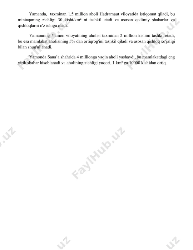 a 4 millionga yaqin aholi yashaydi, bu mamlakatdagi eng yirik shahar hisoblanadi va aholining zichligi yuqori, 1 km² ga 10000 kishidan ortiq. 📌xulosa yaman yam loyihasi samarali va o'z vaqtida yakunlandi. barcha maqsadlarga erishildi, natijalar kutishdan ham yaxshi bo'ldi. kelajakda ushbu tajriba yanada kengroq qo'llanilishi mumkin. 📚foydalanilgan adabiyotlar 1. yaman yam haqida ma'lumot topish qiyin, chunki bu aniq bir nom emas, balki turli xil talqinlarga ega bo'lishi mumkin. qo'shimcha kontekst yoki tafsilotlar kerak. 2