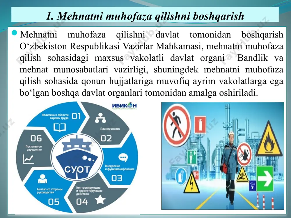 sno etadigan ishga o‘tkazish uchun tibbiy va boshqa ko‘rsatkichlar ro‘yxatini tasdiqlaydi; xodim kasb kasalligiga chalingan deb gumon qilinganda uning mehnat sharoitlarining sanitariya-gigiena tavsifini tuzishga doir talablarni belgilaydi; kasb kasalliklarini aniqlash va xodimlarning kasbga oid mehnat qobiliyatini yo‘qotganligi darajasini aniqlash uchun yo‘llanma berish tartibini belgilaydi. davlat va xo‘jalik boshqaruvi organlarining mehnatni muhofaza qilish sohasidagi vakolatlari: mehnatni muhofaza qilish sohasidagi davlat dasturlarini va boshqa dasturlarni ishlab chiqish hamda amalga oshirishda ishtirok etadi; mehnatni muhofaza qilish masalalari bo‘yicha texnik jihatdan tartibga solish sohasidagi normativ hujjatlarni va normativ-huquqiy hujjatlarni ishlab chiqadi; mehnatni muhofaza qilish sohasidagi tarmoq maqsadli va maxsus dasturlarni tasdiqlaydi hamda ularning amalga oshirilishini ta’minlaydi; tizimidagi tashkilotlarda mehnatni muhofaza qilishga oid talablarga rioya etilishini ta’minlash bo‘yicha chora-tadbirlarni amalga oshiradi; tizimidagi tashkilotlarda ishlab chiqarishdagi baxtsiz hodisalarning va xodimlar sog‘lig‘iga boshqacha shikast yetkazilishining tekshiruvdan o‘tkazilishi hamda hisobga olinishini tashkil etadi va ta’minlaydi; tizimidagi tashkilotlar rahbarlari va mutaxassislarining mehnatni muhofaza qilish masalalari bo‘yicha tayyorlanishi, qayta tayyorlanishi, …