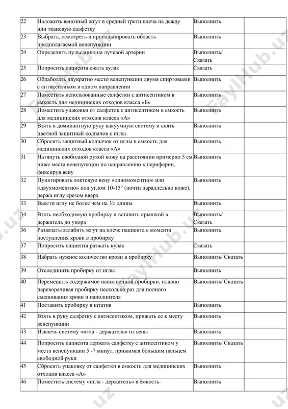 прижать ее к месту венепункции выполнить 43 извлечь систему «игла - держатель» из вены выполнить 44 попросить пациента держать салфетку с антисептиком у места венепункции 5 -7 минут, прижимая большим пальцем свободной руки выполнить/ сказать 45 сбросить упаковку от салфетки в емкость для медицинских отходов класса «а» выполнить 46 поместить систему «игла - держатель» в ёмкость- контейнер для сбора острых отходов класса «б» выполнить 47 убедиться (через 5-7 минут) в отсутствии наружного кровотечения в области венепункции сказать 48 удалить салфетку с антисептиком с руки пациента и поместить в емкость для медицинских отходов класса «б» выполнить 49 наложить давящую повязку в области венепункции сказать завершение процедуры 50 обработать рабочую поверхность манипуляционного стола дезинфицирующими салфетками двукратно с интервалом 15 сказать минут методом протирания. 51 салфетки поместить в емкость для медицинских отходов класса «б» выполнить/ск азать 52 снять перчатки выполнить 53 поместить перчатки в емкость для отходов класса «б» выполнить 54 снять очки …