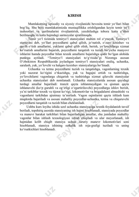 nsiyalari deb nomlanadi. uchastka stansiyalarida asosan quyidagi turdagi amallar bajariladi: tranzit qayta ishlanmaydigan va qisman qayta ishlanuvchi (kо‘p guruhli va og‘irligi о‘zgartiriluvchi) poyezdlarga ishlov berish, ya’ni tarkiblar texnik va tijorat kо‘rigi, lokomotivlar va brigadalarni almashishi va vagonlarni tarkibdan ajratmay ta’mirlash. vagon oqimlarini qayta ishlash kam miqdorda bajariladi va asosan mahalliy poyezdlar-uchastka, terma va chiqaruvchi poyezdlarni tarqatish va tuzish bilan cheklaniladi. ushbu kurs loyiha ishida uzel uchastka stansiyasiga texnik-foydalanish tavsif beriladi, topshiriq asosida stansiyaning ish hajmi hisoblanadi, stansiyada poyezdlar va manevr harakat tarkiblari bilan bajariladigan amallar, shu jumladan mahalliy vagonlar bilan ishlash texnologiyasi ishlab chiqiladi va ular meyorlanadi, ish hajmidan kelib chiqib stansiya uchun zaruriy manevr lokomotivlari soni hisoblanadi, stansiya ishining sutkalik ish reja-grafigi tuziladi va uning kо‘rsatkichlari hisoblanadi. 1. stansiya va unga tutashgan uchastkalarning texnik foydalanish tasnifi. 1.1. “n” uchastka stansiyasi va unga tutashgan uchastkalarning texnik foydalanish tasnifi. “n” uchastka stansiyasi uzelda joylashgan uchastka stansiyasi hisoblanadi va parklarining bir biriga …