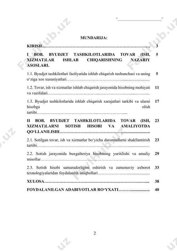 qilish masalasini kun tartibiga qo‘ymoqda. byudjet tashkilotlari nafaqat davlat tomonidan belgilangan ijtimoiy vazifalarni bajaradi, balki qo‘shimcha tarzda tovar ishlab chiqarish, xizmat ko‘rsatish yoki ma’lum ishlarni bajarish orqali ham mablag‘ manbalarini shakllantirishi mumkin. shunday sharoitda tovar (ish, xizmat)lar ishlab chiqarish va sotish jarayonlarida buxgalteriya hisobining to‘g‘ri tashkil etilishi moliyaviy barqarorlikni ta’minlashning muhim omillaridan biri hisoblanadi. bugungi kunda byudjet tashkilotlarida ishlab chiqarilayotgan mahsulotlar, bajarilayotgan ishlar va ko‘rsatilayotgan xizmatlar hajmi yildan-yilga ortib bormoqda. bu esa, o‘z navbatida, ular bo‘yicha xarajatlar va daromadlarni aniq qayd etish, moliyaviy natijalarni hisobga olish hamda mavjud resurslardan oqilona foydalanish zaruriyatini kuchaytirmoqda. ayniqsa, bozor iqtisodiyoti sharoitida har bir mablag‘ manbasining to‘liq hisobga olinishi va nazorat qilinishi davlat moliyaviy siyosatining asosiy talablaridan biridir. mamlakatimizda olib borilayotgan iqtisodiy islohotlar jarayonida byudjet tashkilotlari faoliyatining samaradorligini oshirish, ular tomonidan amalga oshiriladigan moliyaviy amaliyotlarni shaffof va aniq hisobini yuritish masalasi tobora dolzarb ahamiyat kasb etmoqda. bugungi kunda byudjet tashkilotlari faqatgina davlat tomonidan belgilangan vazifalarni …