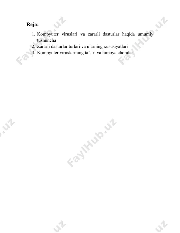 h darajasiga ega bo‘ladi. ammo ularning barchasini birlashtirib turuvchi umumiy xususiyat — bu axborot xavfsizligiga tahdid solishidir. 1.2. zararli dasturlar tarixi va dastlabki viruslar kompyuter viruslari dastlab ilmiy tajriba sifatida yaratilgan bo‘lsa-da, vaqt o‘tishi bilan ularning ishlatilish sohasi ham, niyati ham salbiy tomonga o‘zgarib bordi. dastlabki viruslar aksariyat hollarda faqat foydalanuvchining e’tiborini jalb etish yoki tizimdagi oddiy nosozliklarni keltirib chiqarish uchun yozilgan bo‘lsa, hozirgi zamonaviy viruslar moliyaviy, siyosiy yoki josuslik maqsadlarida ham qo‘llaniladi. dastlabki kompyuter viruslaridan biri 1971-yilda bob tomas tomonidan yaratilgan "creeper" virusi hisoblanadi. u arpanet tarmog‘i orqali tarqalib, "i'm the creeper, catch me if you can!" degan xabarni ko‘rsatgan. bu virus o‘z-o‘zidan tizimlarga kirib borib, o‘zini boshqa kompyuterlarga ko‘chira olgan bo‘lsa-da, haqiqiy zarar yetkazmagan. creeper virusi aslida "virus" so‘zining dastlabki namunasidir. 1986-yilda esa tarixdagi ilk real kompyuter virusi — "brain" virusi yaratilgan. uni pakistanlik ikki aka-uka: basit va amjad farooq alvi yaratishgan bo‘lib, u ms-dos tizimida ishlovchi disketlardagi …