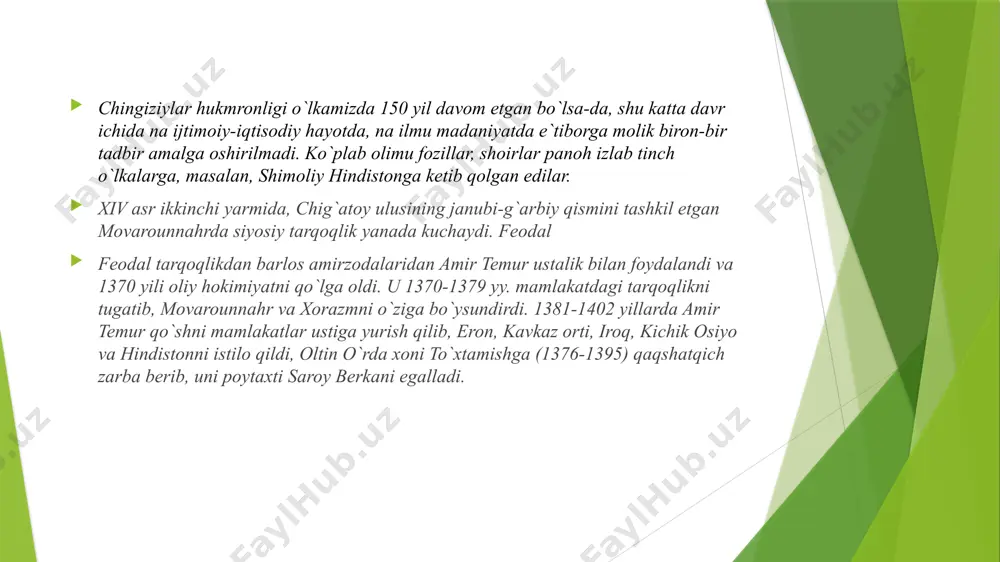 r va maqolalar bibliografik ko`rsatkichidan ham bilsak bo`ladi. sohibqiron temur obrazi yaratilgan asarlari ikki guruhga ajratish mumkin. birinchisi, ilmiy-tarixiy va memuar asarlar bo`lsa, ikkinchisi adabiy-badiiy asarlardir. amir temur obrazi birinchi bo`lib tarixiy-memuar asarlarda yaratilgan. bularga ibn arabshohning «amir temur tarixi», ryun gonsales de klavixo «samarqandga temur saroyiga sayohat kundaligi» kabi va boshqa asarlar kiradi. amir temur obraziga murojaat sohibqironning tirikligidayoq boshlangan. ayniqsa, ovrupa uyg`onish davri ijodkorlari uning shaxsiga katta qiziqish bilan qaraganlar. uyg`onish davri gumanistlari jismoniy va ma`naviy yetuk komil inson idealiga intilganlar. xorijning mashhur tarixchilaridan e.gibbon, f.shlosser, g.veber, jan-pol‘ ru va boshqalar o`z asarlarida amir temur faoliyati haqida ma`lumotlar berganlar mustaqillik davri tom ma`noda hazrati temurning qayta tug`ilish davri bo`ldi. sohibqironning «bizkim, mulki turon, amiri turkistonmiz. bizkim, millatlarning eng qadimgi va eng ulug`i – turkning bosh bo`g`inimiz», degan gaplari xalqimizga milliy o`zligini, buyuk va jahonshumul an`analarga voris ekanligini chuqur anglashga xizmat qiladi. «amir temur tuzuklarini o`qisam, - degan edi …