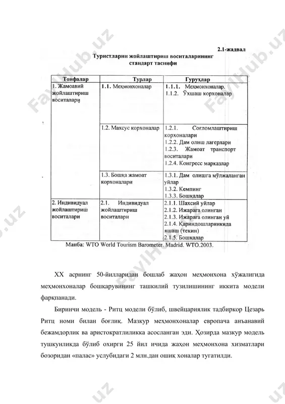 аги муносабатлар шаклига караб меҳмонхоналар қуйидаги турларга ажратилади: 1. мустақил, яъни мулкдорнинг мулкида, ихтиёрида ва фойдаланишида бўлган меҳмонхоналар: а) мулкдор томонидан бевосита бошқариладиган меҳмонхоналар; б)му71кдор мулкида, лекин ёлланган бошқарувчи мутахассислар ёки махсус бошқарув компанияси томонидан бошқариладиган меҳмонхоналар. бунда бошқарув компанияси ўзининг савдо белгисидан фойдаланади. 2. меҳмонхона тизимларига кирувчи меҳмонхоналар. улар қуйидагича гуруҳланади: 2.1. тизимларнинг тенг ҳуқуқли аъзоси бўлиб, мулкдорларнинг умумий мулкида бўлган ҳамда уларнинг вакиллари орқали бошқариладиган меҳмонхоналар. 2.2. тизимнинг алоҳида корхоналари, яъни франшиза шартномаси асосида фаолият юритувчи меҳмонхоналар. франшиза меҳмонхона мустақил бошқарувга эга бўлади, аммо тизим маъмурияти (франчайзер)га унинг савдо белгиси ва ташкилий-ҳуқуқий ёрдамидан фойдалангани учун мунтазам равишда ҳақтўлаб туради. 2.3. меҳмонхоналар уюшмасига контракт бошқарув асосида кирган меҳмонхоналар. бунда мулкдор профессионал меҳмонхона компанияси билан шартнома тузади ва унга ҳак тўлайди. бундай тизимлар мулкдор ҳамда бошқарувчи ўртасидаги муносабатлар характерига кўра 3 турга бўлинади: а) меҳмонхона бошқаруви, тўлиқ бошқарувчига ўтказилади ва мулкдор бошқарув фаолиятига аралашмайди. бошқарувчи молиявий- ташкилий хавфни ўз зиммасига …