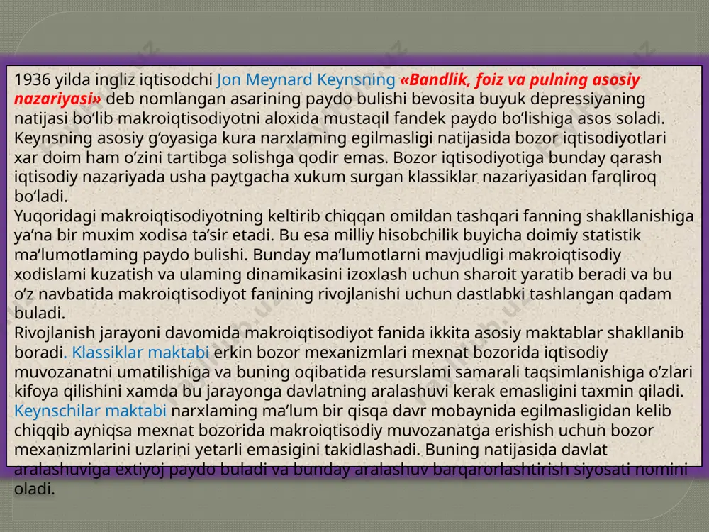 ng natijasida davlat aralashuviga extiyoj paydo buladi va bunday aralashuv barqarorlashtirish siyosati nomini oladi. makroiqtisodiyot fanining kelib chiqishda klassik va keyns maktab vakillarining tutgan o’rni. 0‘tgan asming 70 yillarigacha keynsning modeli makroiqtisodiy jarayonlami o‘rganishda va izohlashda keng kulamda foydalanilib kelinadi. lekin shu davrda yangi muammoning paydo bulishi ya’ni yuqori darajadagi inflyatsiya bilan bir vaqtning o’zida ishlab chiqarish hajmlarida pasayish hamda ishsizlik darajasini ko’tarilishi davlat aralashuv siyosatining samaradorligini shubha ostiga qo’yadi. bunga javoban klassiklaming qarashlari qayta ko’rilib chiqiladi va natijada milton fridman asos solgan monetarizm nazariyasi paydo bo’ladi.. monetarchilar bozorlar uzini boshqarish g‘oyasini qaytatdan ilgari surib birinchi uringa pul taklifini kuyshadi. ulaming fikricha davlat tomonidan pul taklifini uzliksiz ravishda o‘zgartirilishi makroiqtisodiy beqarorlikga olib keladi va makroiqtisodiy muvozanatni saqlash uchun pul taklifi bir tekisda usib borishi lozim buladi. monetarizm nazariyasi keyinchalik bozorlar uzini tartibga solish goyasiga tayangan yangi iqtisodiy nazariyalar paydo bulishiga va makroiqtisodiyot fanida neoklassiklar maktabini shakllanishiga sabab buladi. bu bilan …
