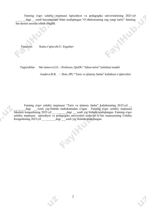 `zbekiston tarixining uzviy va ajralmas qismi. 2. o`zbekistonning eng yangi tarixioʼquv fanining predmeti, maqsad va vazifalari 3. “oʼzbekistonning eng yangi tarixi” fanining o‘rganishning nazariy-uslubiy asoslari. 4. “oʼzbekistonning eng yangi tarixi” oʼquv fanining nazariy-metodologik tamoyillari. tayanch so‘z va iboralar: sivilizatsiya, davrlashtirish, formatsiya, mustaqillik, tarixiy xotira, davlatchilik, globallashuv asri. o‘zbekiston tarixi umumjahon – insoniyat tarixining ajralmas qismi hisoblanadi. o‘zbekiston tarixi fani xalqimizning mustaqil taraqqiyot yo‘liga kirishi, mustaqillik yillarida milliy huquqiy davlatchilik qurilishi, demokratik fuqarolik jamiyatni shakllantirish, erkin bozor iqtisodiyotini yaratish, jahon hamjamiyatiga integratsiyalashish jabhalaridagi faoliyatini o‘rgatadi. shu bilan bir qatorda bu fan xalqimiz tarixini haqqoniy tasvirlovchi, aks ettiruvchi ko‘zgu, ijtimoiy, siyosiy, tarbiyaviy, ma'naviy saboqlar majmuasidir. o’zbekiston tarixini o`rganish va yoritishda uning davrlarini ilmiy asosda to`g’ri belgilash katta ahamiyatga egadir. markaziy osiyo xalqlari, jumladan o’zbekiston xalqlari, yer yuzining qator hududlaridagi xalqlar kabi o`z tarixida insoniy taraqqiyotida sodir bo`lgan barcha ijtimoiy-iqtisodiy bosqich (formatsiya)larni bosib o`tgan emas. bundan chiqadigan xulosa shuki,biz o`z tariximizni shu ijtimoiy-iqtisodiy …