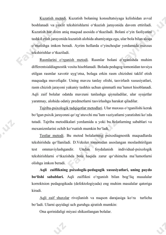 chizishni taklif etish maqsadga muvofiqdir. uning mavzu tanlay olishi, tasvirlash xususiyatlari, rasm chizish jarayoni yakuniy tashhis uchun qimmatli ma’lumot hisoblanadi. aqli zaif bolalar odatda mavzuni tanlashga qiynaladilar, ular syujetlar yaratmay, alohida odatiy predmetlarni tasvirlashga harakat qiladilar. tajriba-psixologik tadqiqotlar metodlari. ular maxsus o‘rganilishi kerak bo‘lgan psixik jarayonni qo‘zg‘atuvchi ma’lum vaziyatlarni yaratishni ko‘zda tutadi. tajriba metodikalari yordamida u yoki bu holatlarning sabablari va mexanizmlarini ochib ko‘rsatish mumkin bo‘ladi. testlar metodi. bu metod bolalarning psixodiagnostik maqsadlarda tekshirishda qo‘llaniladi. d.veksler tomonidan asoslangan moslashtirilgan test ommaviylashgandir. undan foydalanish individual-psixologik tekshirishlarni o‘tkazishda bola haqida zarur qo‘shimcha ma’lumotlarni olishga imkon beradi. aqli zaiflikning psixologik-pedagogik xususiyatlari, uning paydo bo‘lishi sabablari. aqli zaiflikni o‘rganish bilan bog‘liq masalalar korrektsion pedagogikada (defektologiyada) eng muhim masalalar qatoriga kiradi. aqli zaif shaxslar rivojlanish va nuqson darajasiga ko‘ra turlicha bo‘ladi. ularni quyidagi uch guruhga ajratish mumkin: ona qorinidaligi miyasi shikastlangan bolalar. tug‘ilishi paytida yoki tug‘ilgandan keyin uch yil davomida miyasi shikastlangan bolalar. butunjahon sog‘liqni …