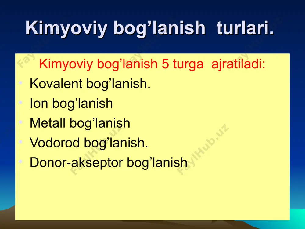 nli kristall panjara tugunchalarida ionlar joylashgan bo’ladi. deyarli barcha tuzlar, ba’zi oksidlar va asoslarning kristall panjaralari ionli bo’ladi. atom kristall panjara hosil qilgan moddalarda panjara o’zaro puxta kovalent bog’lanish bilan bog’langan elektroneytral atamlarda tarkib topgan bo’ladi. masalan,olmosning kristall panjarasi atom panjaradir. unda har qaysi uglerod atomi boshqa to’rtta uglerod atomi bilan bog’langan.kovalent bog’lanish ancha puxta bo’lganligi sababli, bunday kristall juda qattiq, suyuqlanish temperaturasi yuqori bo’ladi. metall kristall panjarada musbat ionlar tebranma harakat holatida turadi: musbat ionlar orasida erkin elektronlar barcha yo’nalishlarida tartibsiz harakatda bo’ladi. bu elektronlar panjara ichida bir ion ikkinchisi tamon bemalol siljib yurganligi sababli erkin elektronlar deyiladi. metallarning elektr, issiqlik o’tkazuvchanligi, magnit xossalari va metallar uchun xos boshqa xususiyatlar ana shu erkin elektronlar tufaylidir. mavzuga oid testlar 1. qaysi birikmalar vodorod bog’ni hosil qiladi? 1)c3h8 2)c3h7oh 3)h2s 4)c2h5nh2 5)h2o 6)c2h6 a)2,3,4,5 b)1,2,3,4 c)1,2,4,5 d)1,2,5,6 e)1,2,3,5 2. qaysi birikmada element bilan vodorod orasidagi bog’ eng qutubli? a)ch4 b)hcl c)h2s …