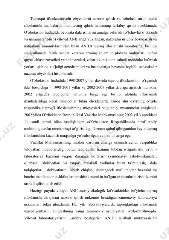 or tashkilotlar tanishishi mumkin bo’lgan axborotlashtirish tizimini tashkil qilish talab etildi. hozirgi paytda viloyat anii asosiy ekologik ko’rsatkichlar bo’yicha tuproq ifloslanishi darajasini nazorat qilish imkonini beradigan zamonaviy laboratoriya uskunalari bilan jihozlandi. har yili laboratoriyalarda tuproqlardagi ifloslanish ingrediyentlarini aniqlashning yangi zamonaviy uslubiyatlari o’zlashtirilmoqda. viloyat laboratoriyalarini uslubiy boshqarish anidi tajribali mutaxassislari tomonidan amalga oshirilmoqda. ko’rib chiqilayotgan davrda anidi tuproq monitoringi bo’limida tuproqlardagi ifloslantiruvchilarni aniqlash bo’yicha 6 ta rahbariy hujjat ishlab chiqildi, 10 dan ortiq yangi uslubiyat o’zlashtirildi. kuzatuv natijalari ichki va tashqi nazoratdan o’tmoqda. tuproq hosildorligini tashkil etish va boshqarishda biologik omillarni rolini birinchilardan bo’lib, tuproqshunoslik fanining asoschilari v.v.dokuchayev, p.a.kosto’chev va v.r.vilyamsonlar baholab berganlar. ular tuproq hayotida biologik birikmalarni roli juda ham katta ekanligini isbotlab berdilar. bu g’oya keyinroq s.n.vinogradskiy, ye.n.mishustin, m.m.kononova, d.g.zvyaginsev, v.t.yemsev, d.i.nikitin va boshqa olimlarni izlanishlarida o’z rivojini topdi va ancha-muncha aniqlik ham kiritdi. ayniqsa ye.n.mishustin, d.g.zvyaginsev, v.t.yemsev va boshqalar tuproq hosildorligida mikroorganizmlarni roli beqiyos ekanligini isbotlab berdilar va …