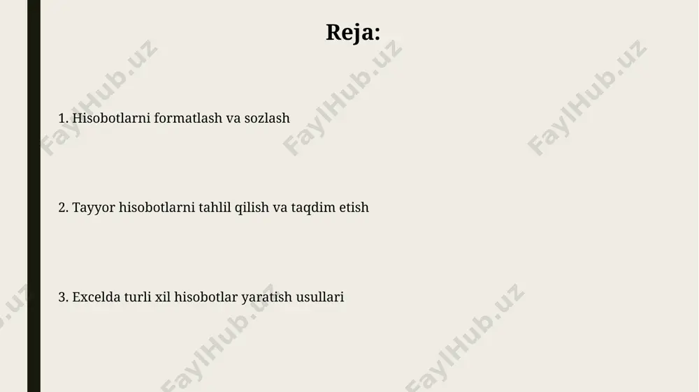 ma’lumotlar to’plamini tezda tahlil qilish va turli xil kesishmalar bo’yicha (masalan, vaqt, mintaqa, mahsulot) 10 dan ortiq turdagi hisobotlarni avtomatik ravishda yaratish imkoniyati mavjud. diagramma va grafiklar yordamida, 300 ga yaqin qatorlardan iborat ma’lumotlarni vizual ravishda taqdim etib, tendentsiyalarni aniqlash va samarali hisobotlar yaratish mumkin. ma'lumotlarni tayyorlash va tozalash ma'lumotlarning to'liqligi va ishonchliligini tekshirish uchun, kamida 3 ta turli usuldan (masalan, formula, qo'lda tekshirish, tasdiqlash ro'yxati) foydalanish tavsiya etiladi, bu esa xatolik darajasini 5% dan pastga tushirishga yordam beradi. ma'lumotlarni tozalashda, 1000 qatordan ortiq bo'lgan jadvallarda duplikat qatorlarni aniqlash va o'chirish uchun "remove duplicates" funksiyasidan foydalanish vaqtni sezilarli darajada tejaydi. makrolardan foydalanish vba kodlari orqali foydalanuvchi interfeysini yaratish va hisobotlarni yaratish jarayonini soddalashtirish, masalan, 5 ta turli hisobotni bitta tugma bosish orqali yaratish imkoniyati mavjud. makrolar yordamida hisobot yaratish vaqti va xarajatlarini 30% ga kamaytirish mumkin, chunki takrorlanuvchi vazifalar avtomatlashtiriladi va xatoliklar soni kamayadi. shartli formatlash shartli formatlash vositalari orqali …